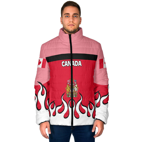 Canada Men Padded Jacket Flag & Coat Of Arms Fire Hockey Style