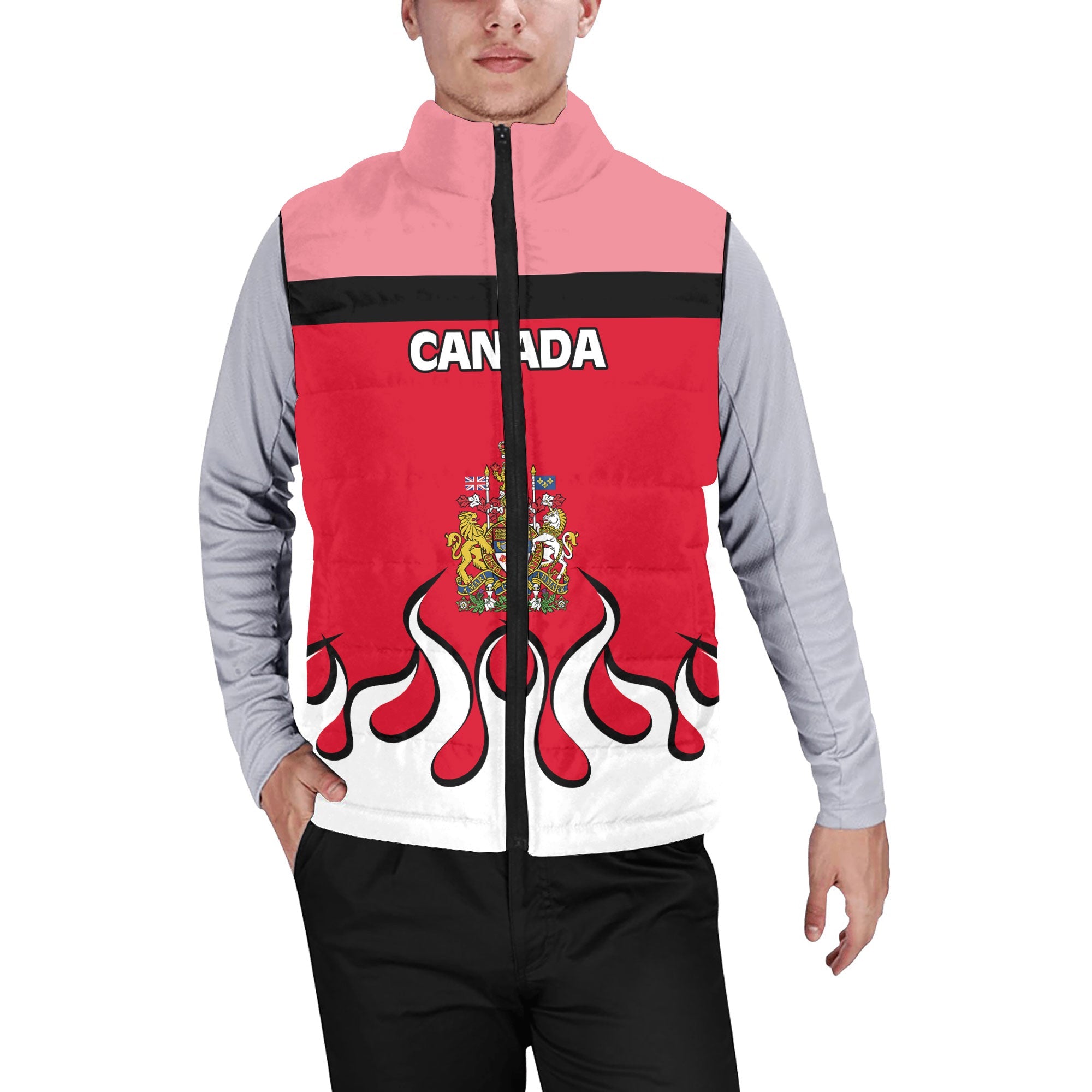 Canada Men Padded Jacket Vest Flag & Coat Of Arms Fire Hockey Style