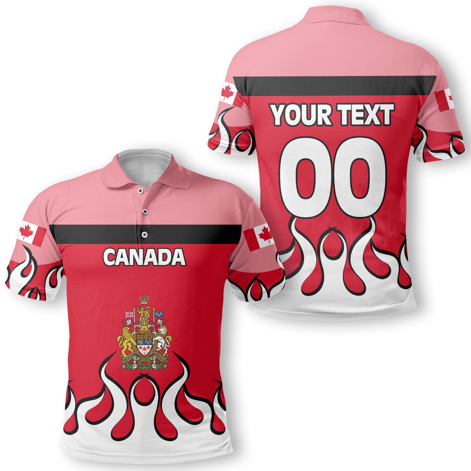 Canada Polo Shirt Flag & Coat Of Arms Fire Hockey Style