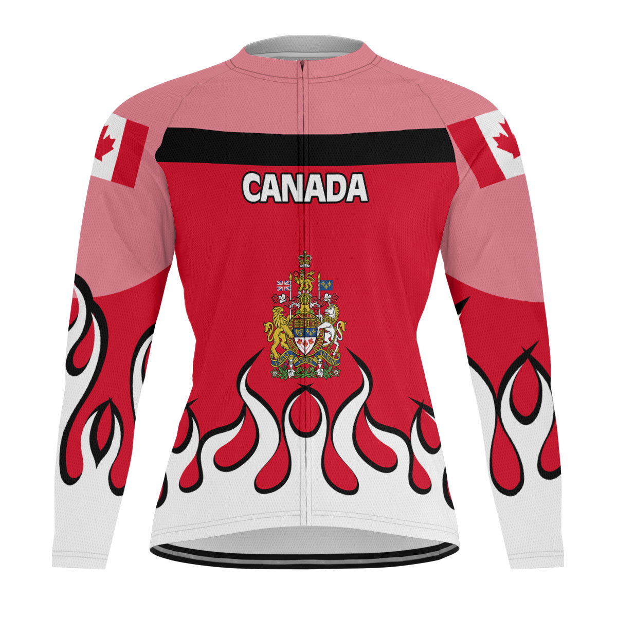 Canada Men's Cycling Jersey Long Sleeve Flag & Coat Of Arms Fire Hockey Style