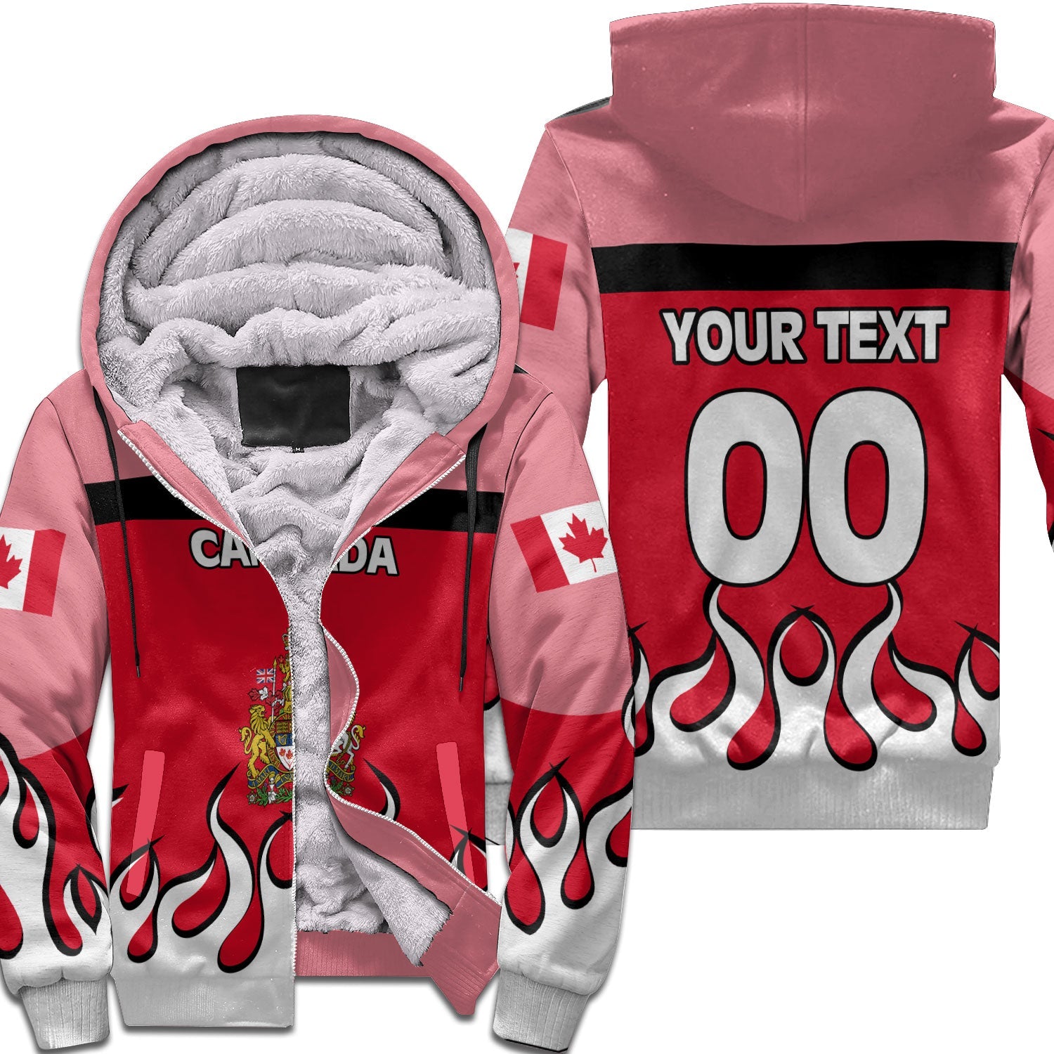 Canada Sherpa Hoodie Flag & Coat Of Arms Fire Hockey Style