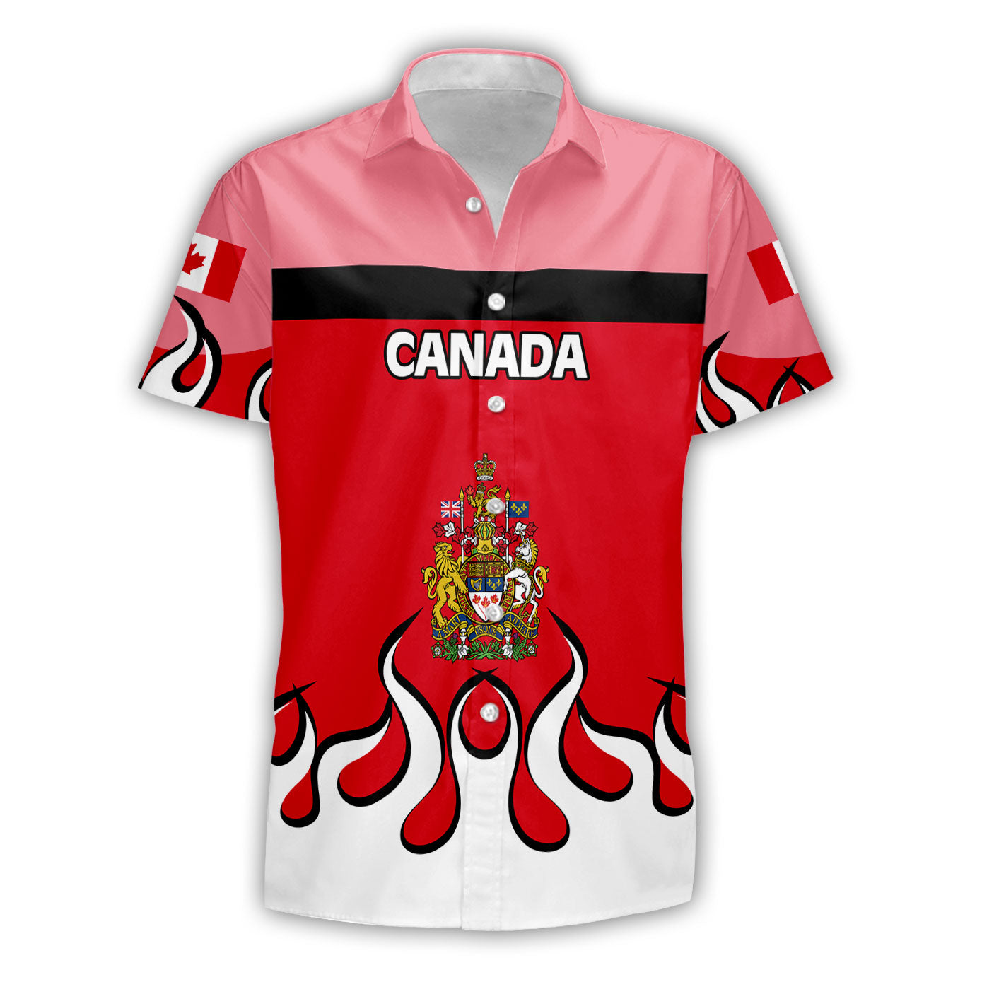 Canada Short Sleeve Shirt Flag & Coat Of Arms Fire Hockey Style