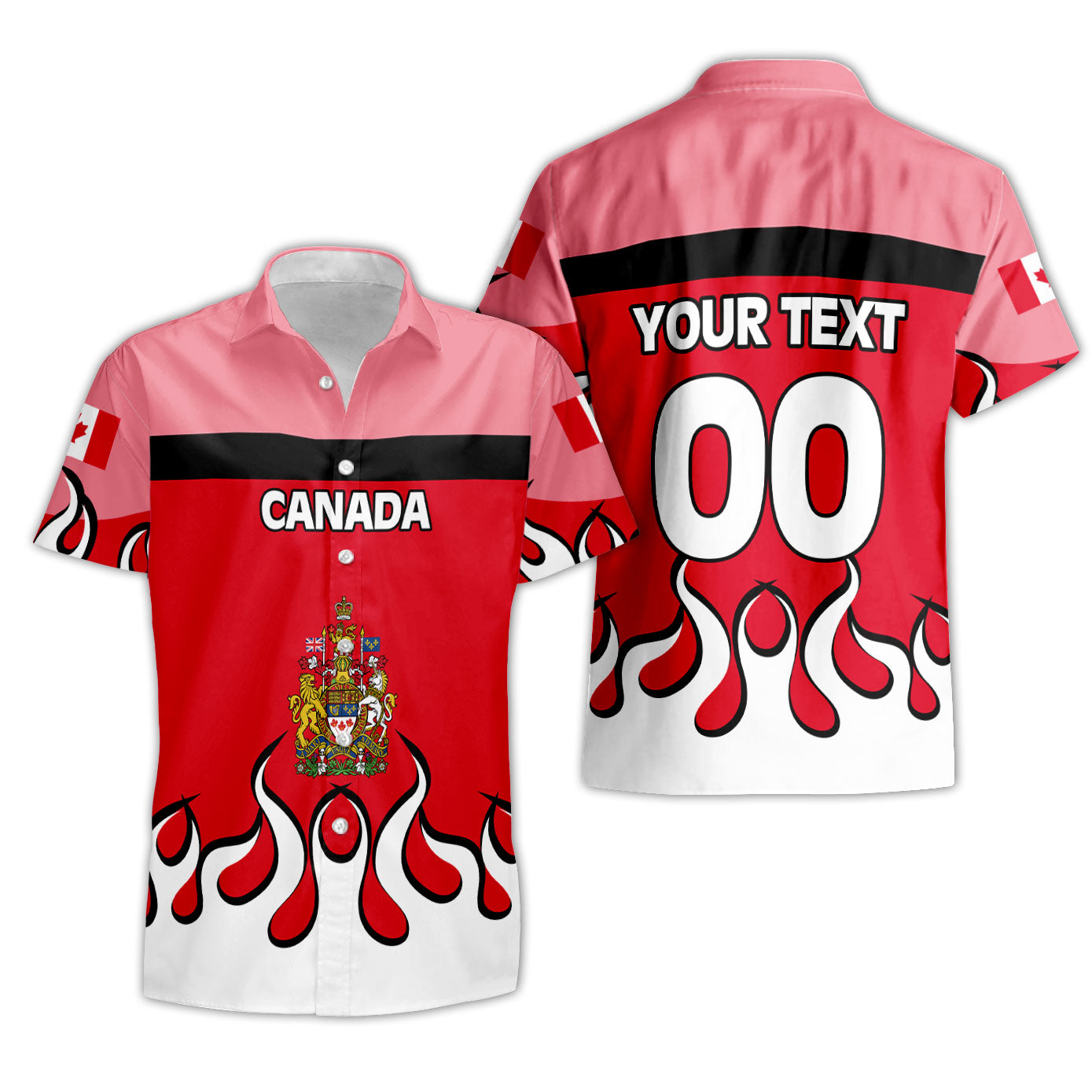 Canada Short Sleeve Shirt Flag & Coat Of Arms Fire Hockey Style