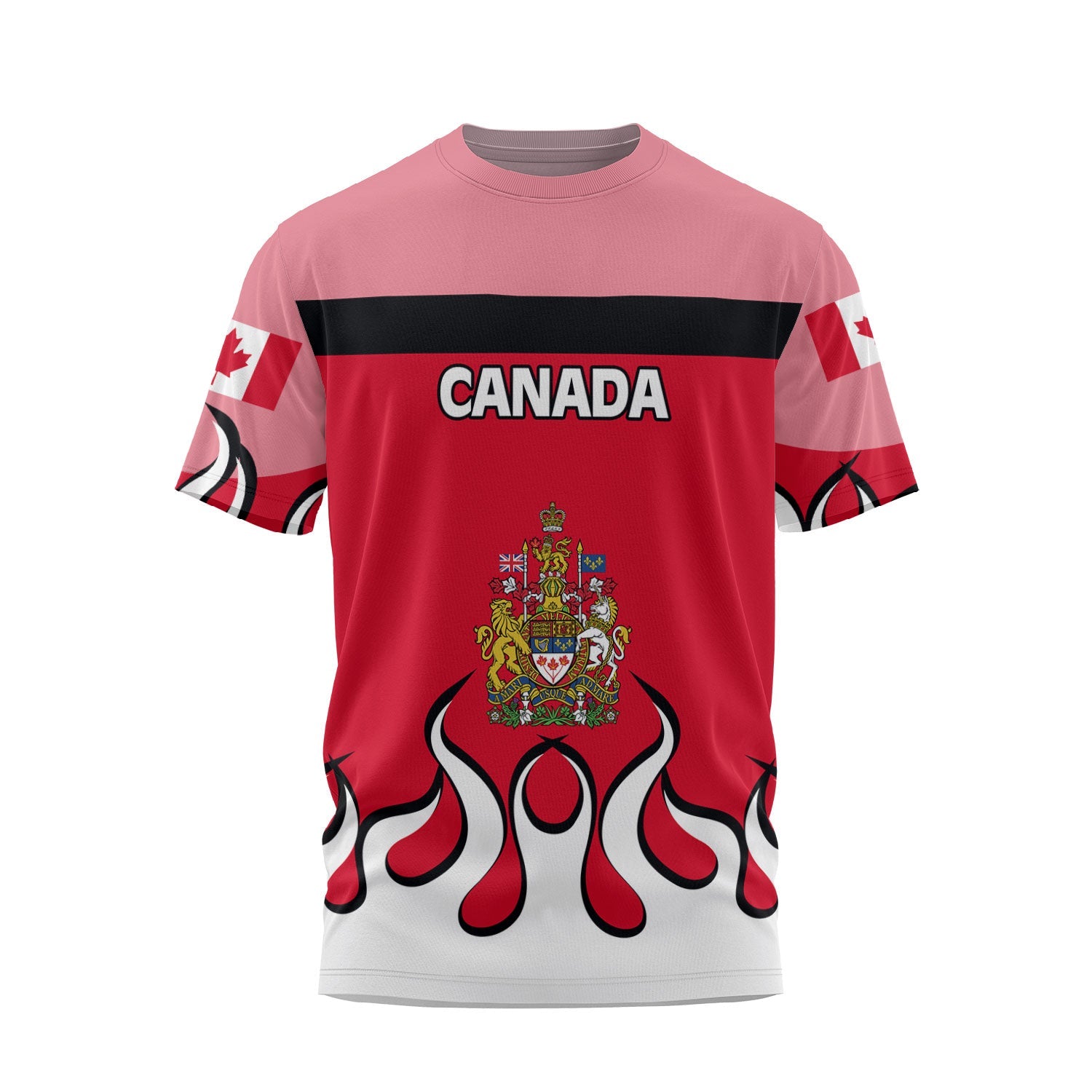 Canada T Shirt Flag & Coat Of Arms Fire Hockey Style