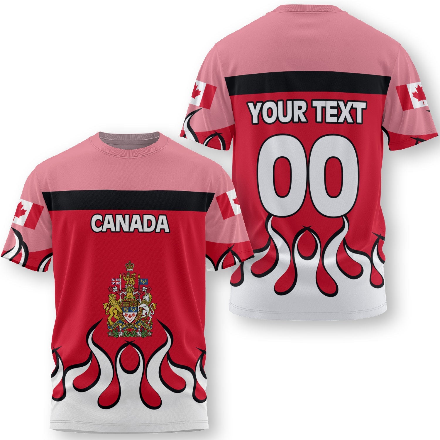 Canada T Shirt Flag & Coat Of Arms Fire Hockey Style