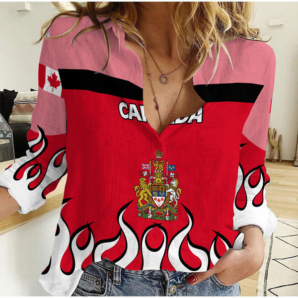 Canada Women Casual Shirt Flag & Coat Of Arms Fire Hockey Style