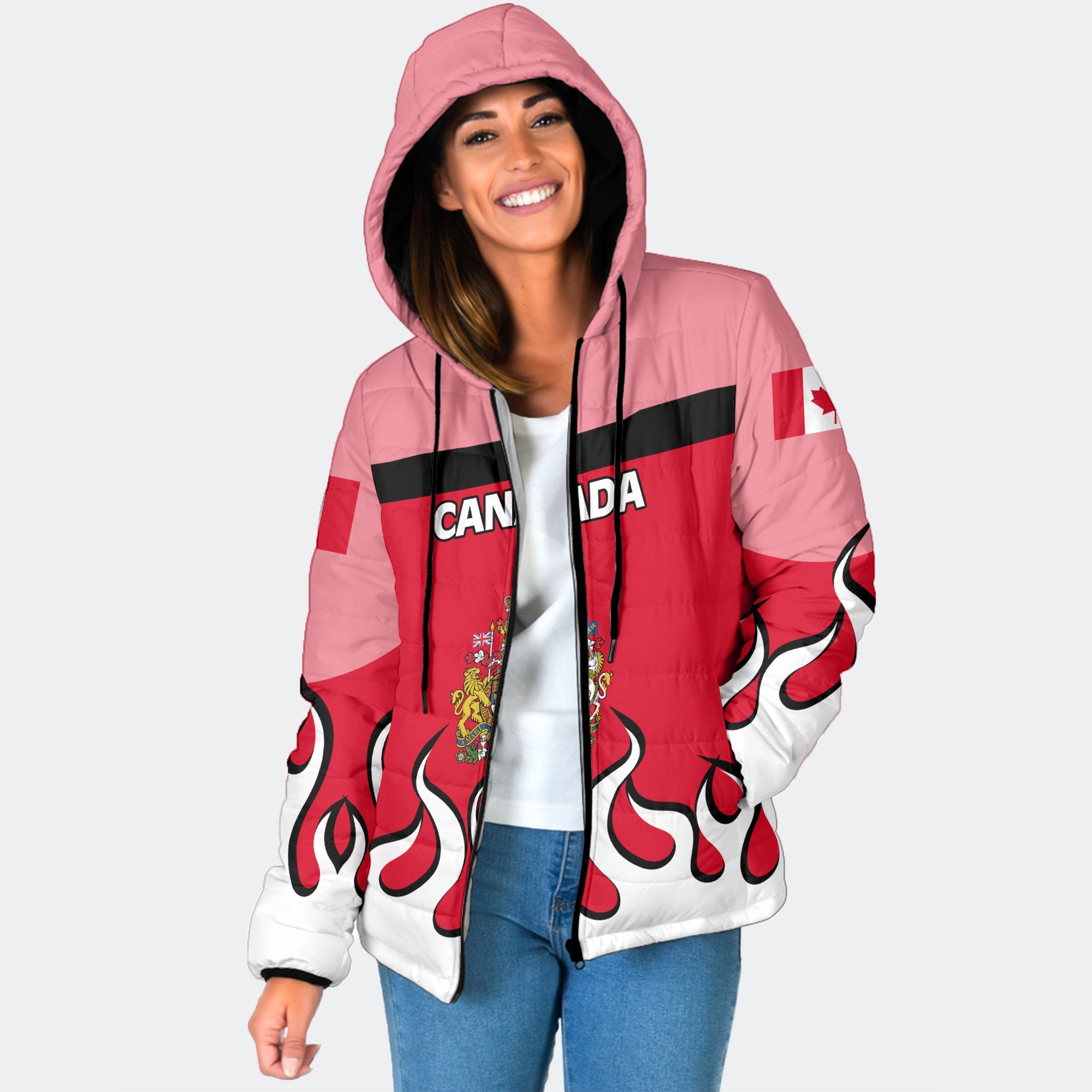 Canada Women Hooded Padded Jacket Flag & Coat Of Arms Fire Hockey Style