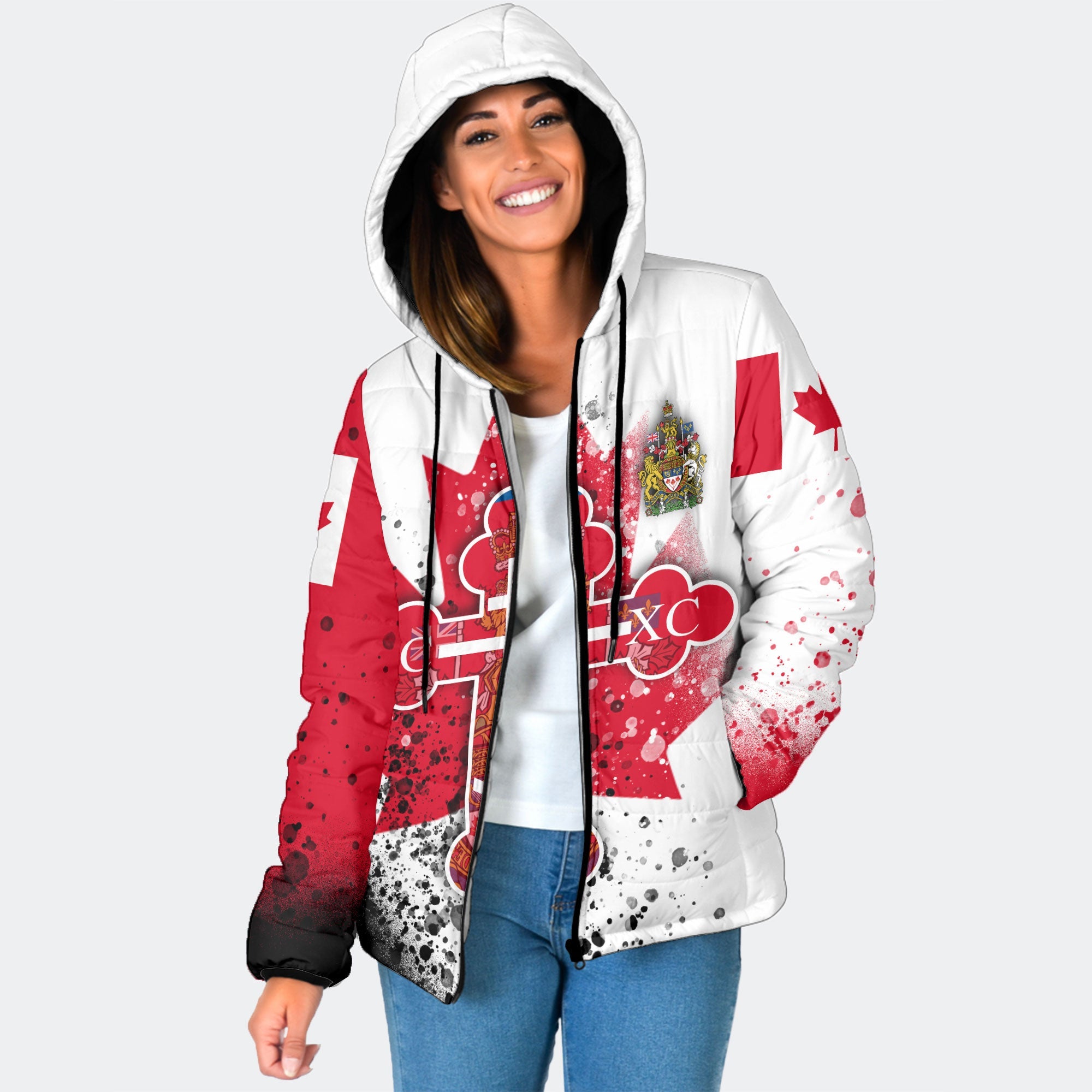 Canada Women Hooded Padded Jacket Flag & Coat Of Arms Orthodox Style