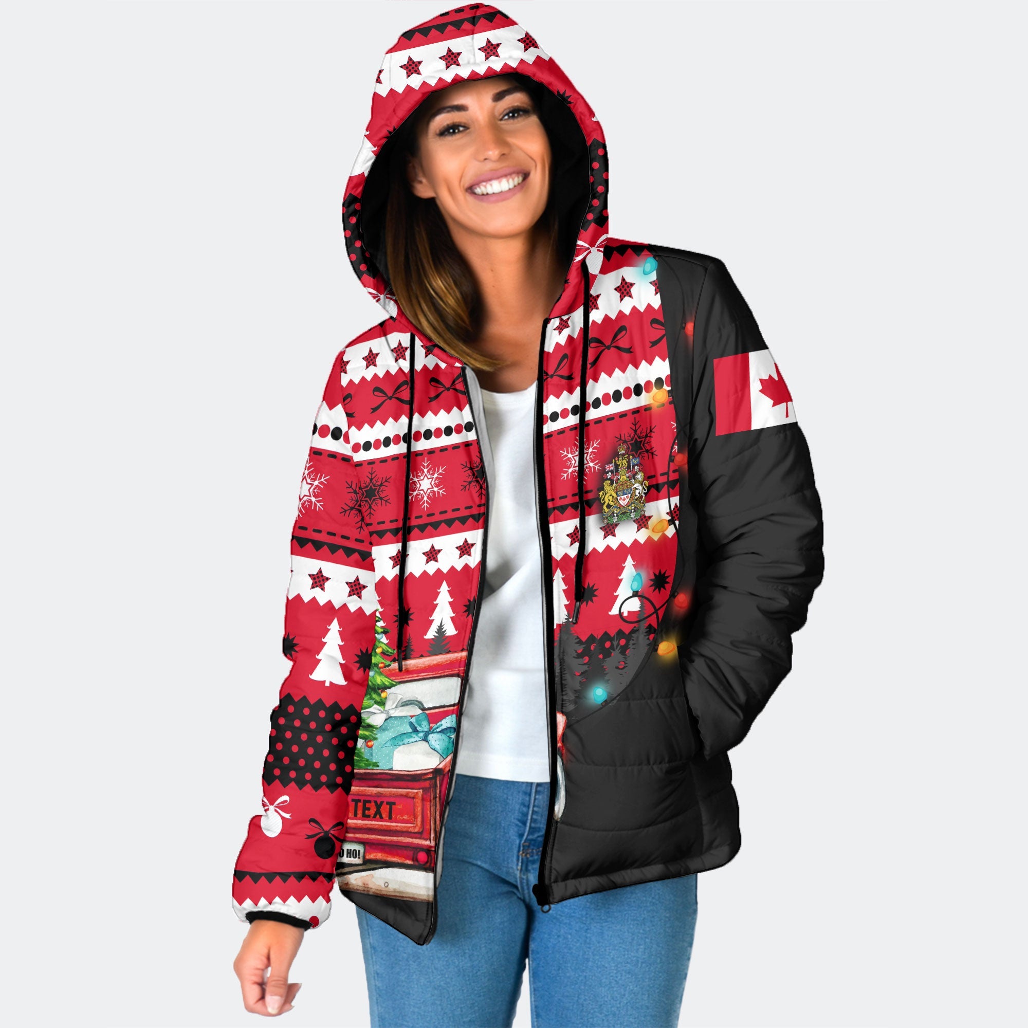 Canada Women Hooded Padded Jacket Coat Of Arms Christmas Style