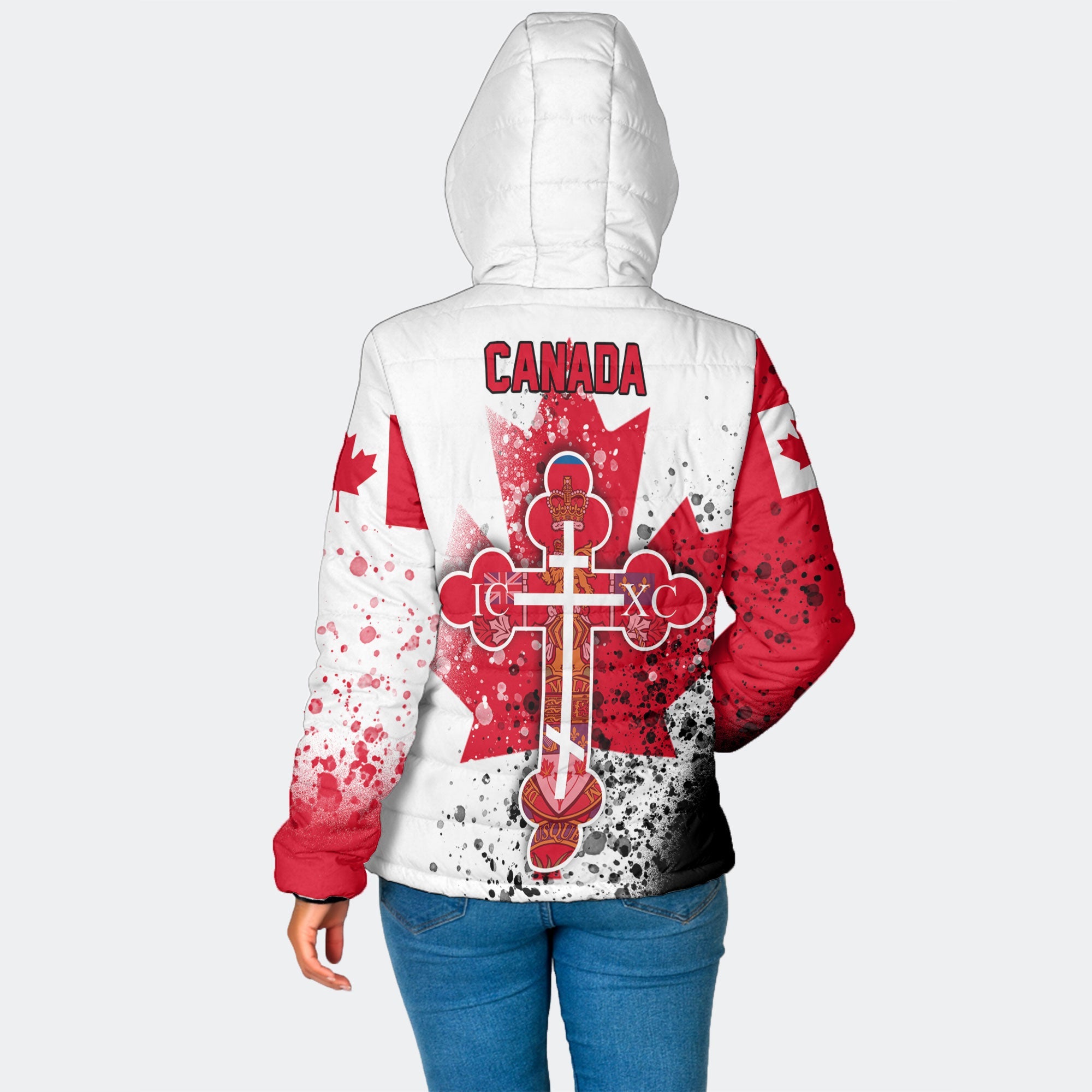 Canada Women Hooded Padded Jacket Flag & Coat Of Arms Orthodox Style