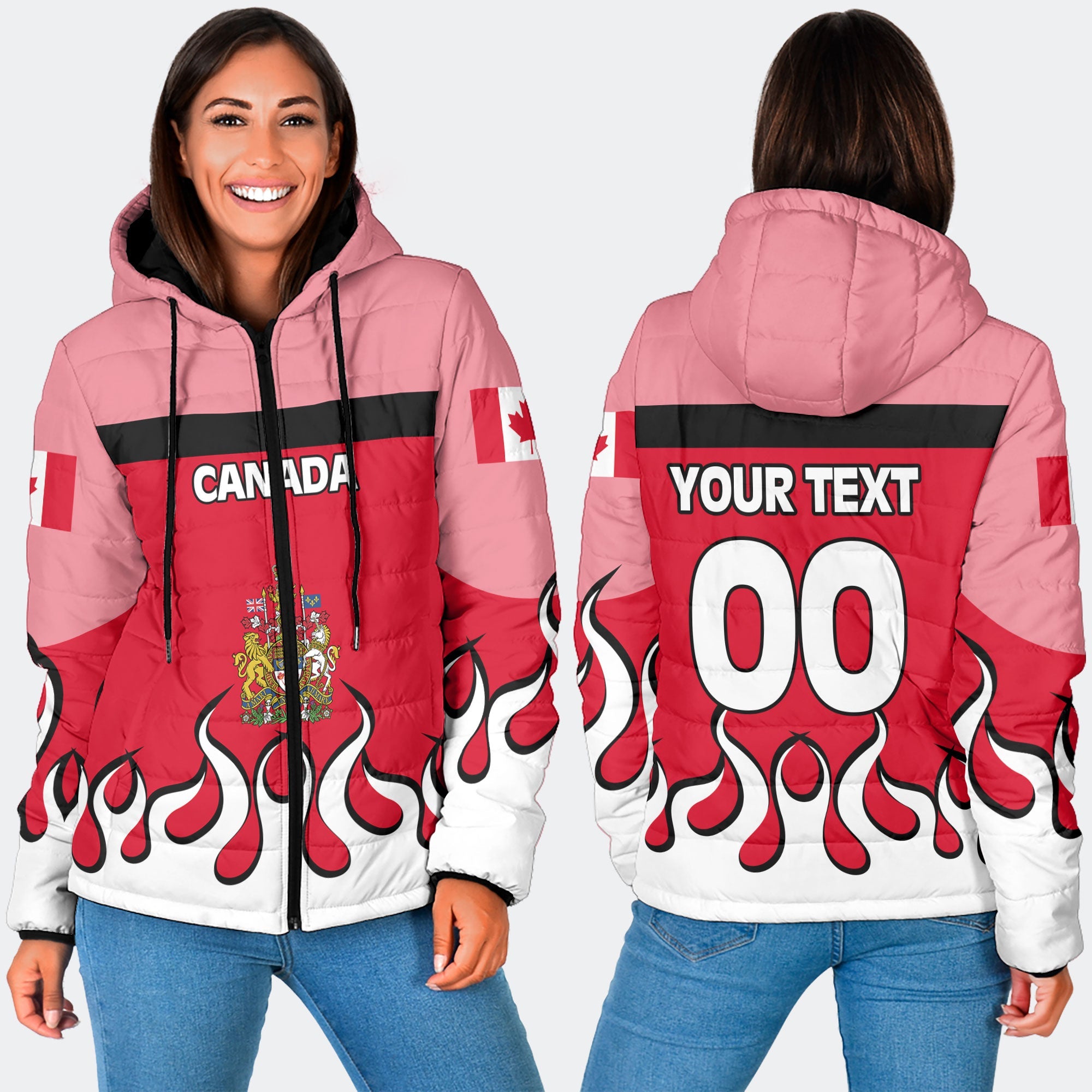 Canada Women Hooded Padded Jacket Flag & Coat Of Arms Fire Hockey Style