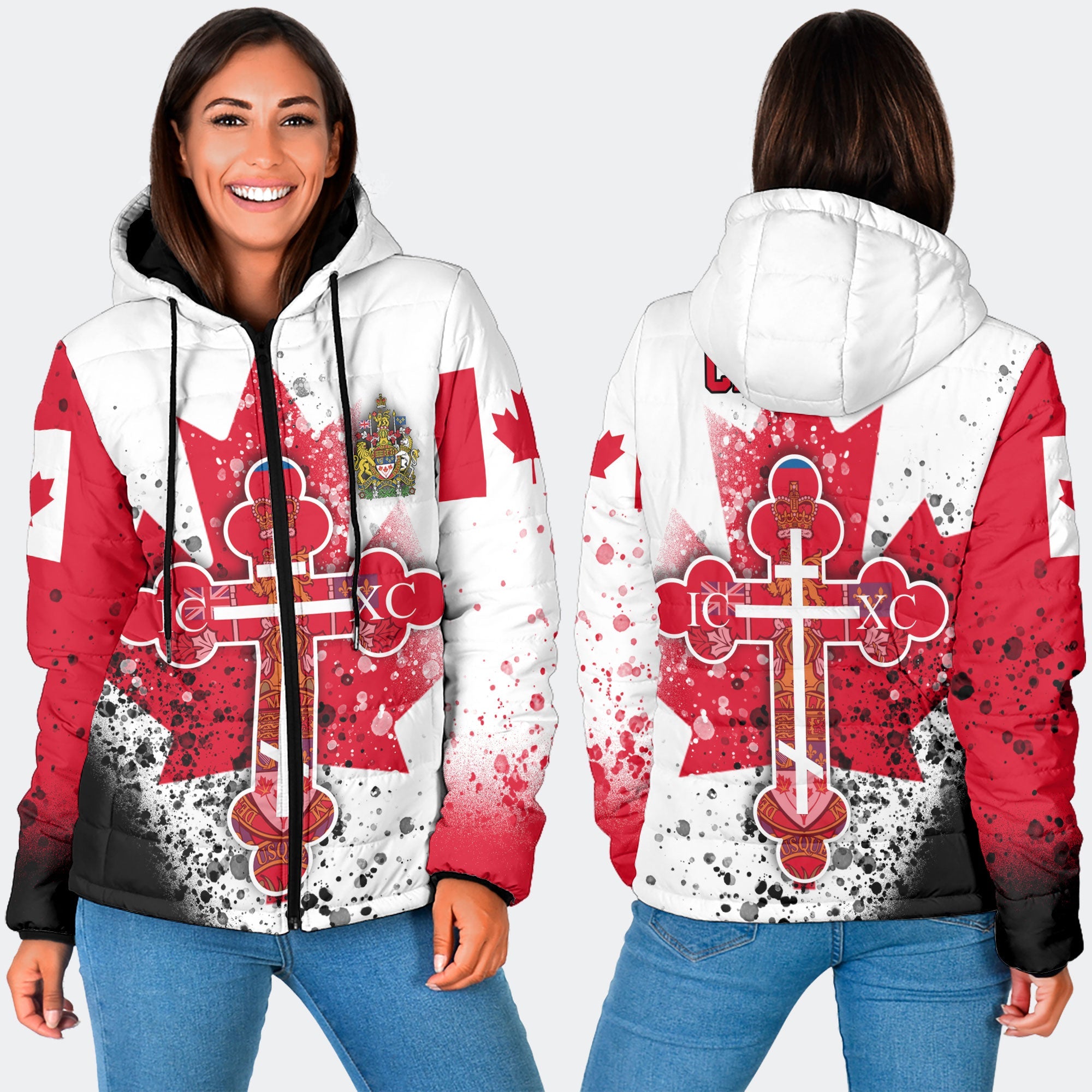 Canada Women Hooded Padded Jacket Flag & Coat Of Arms Orthodox Style