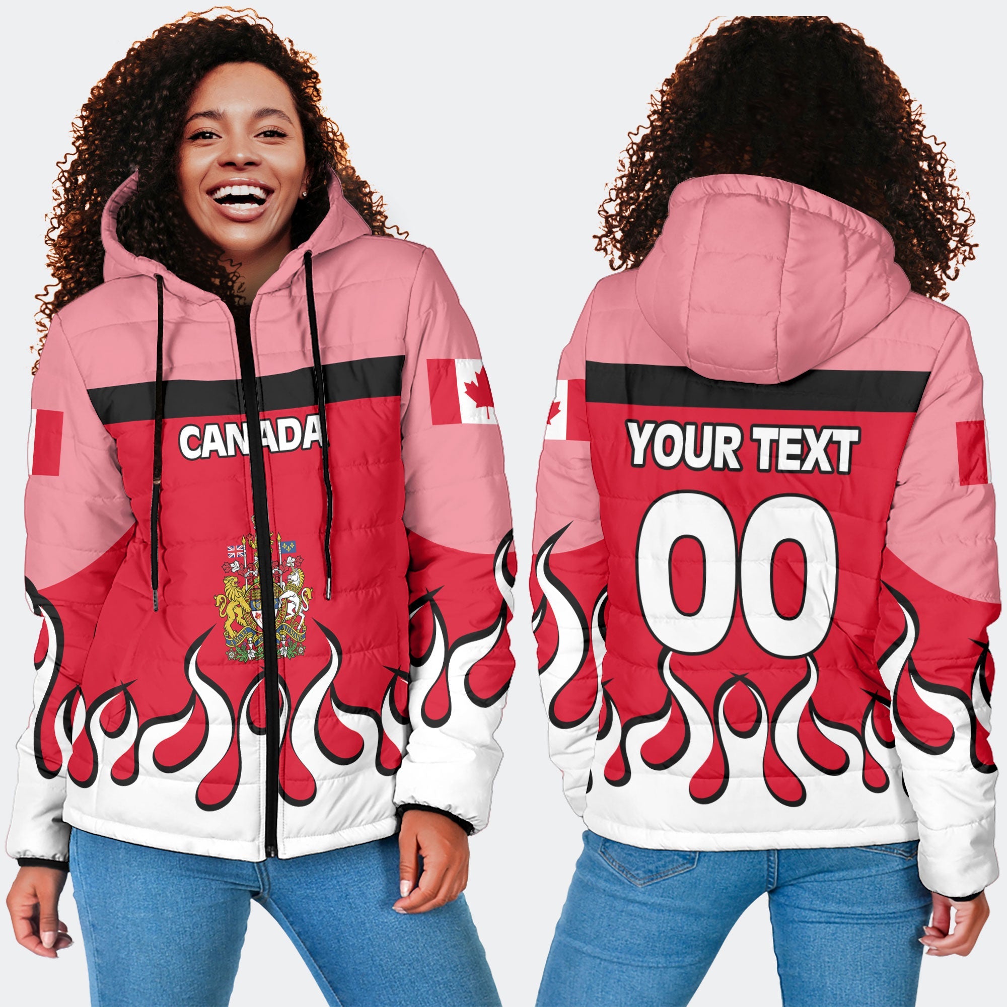 Canada Women Hooded Padded Jacket Flag & Coat Of Arms Fire Hockey Style