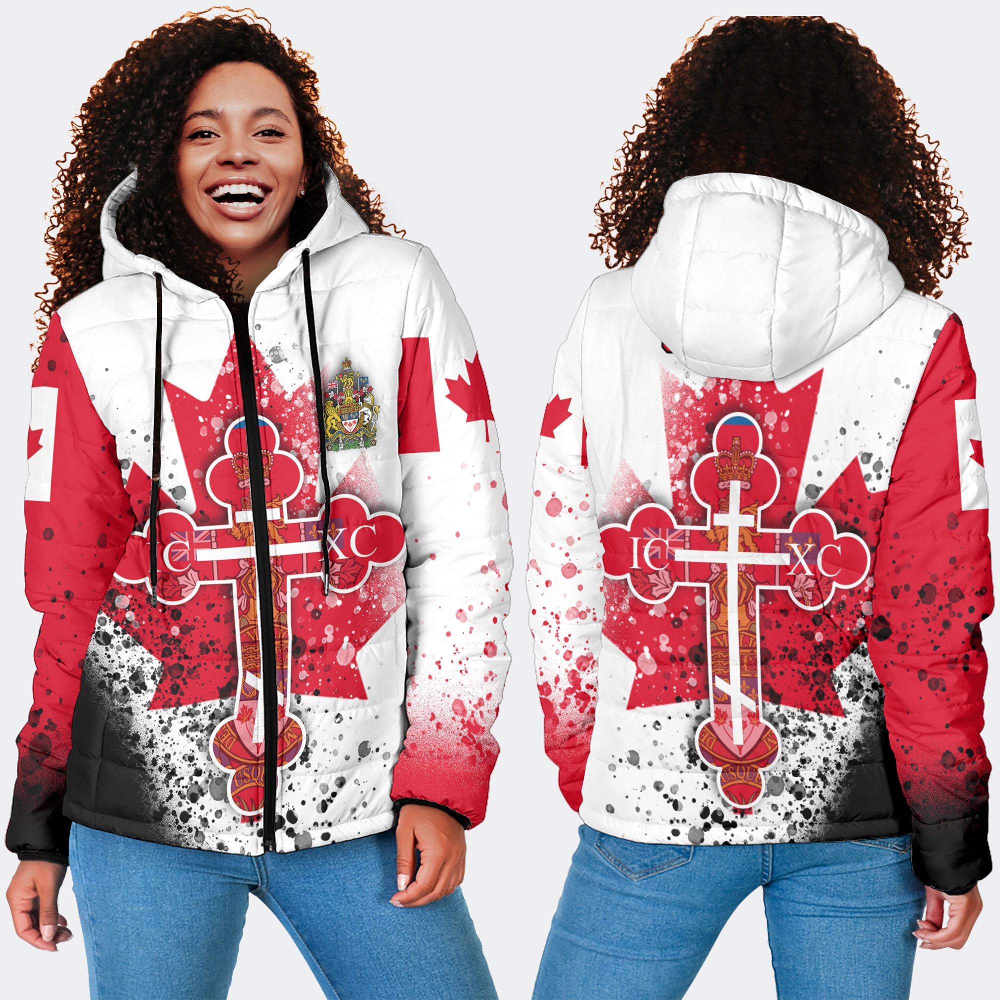 Canada Women Hooded Padded Jacket Flag & Coat Of Arms Orthodox Style