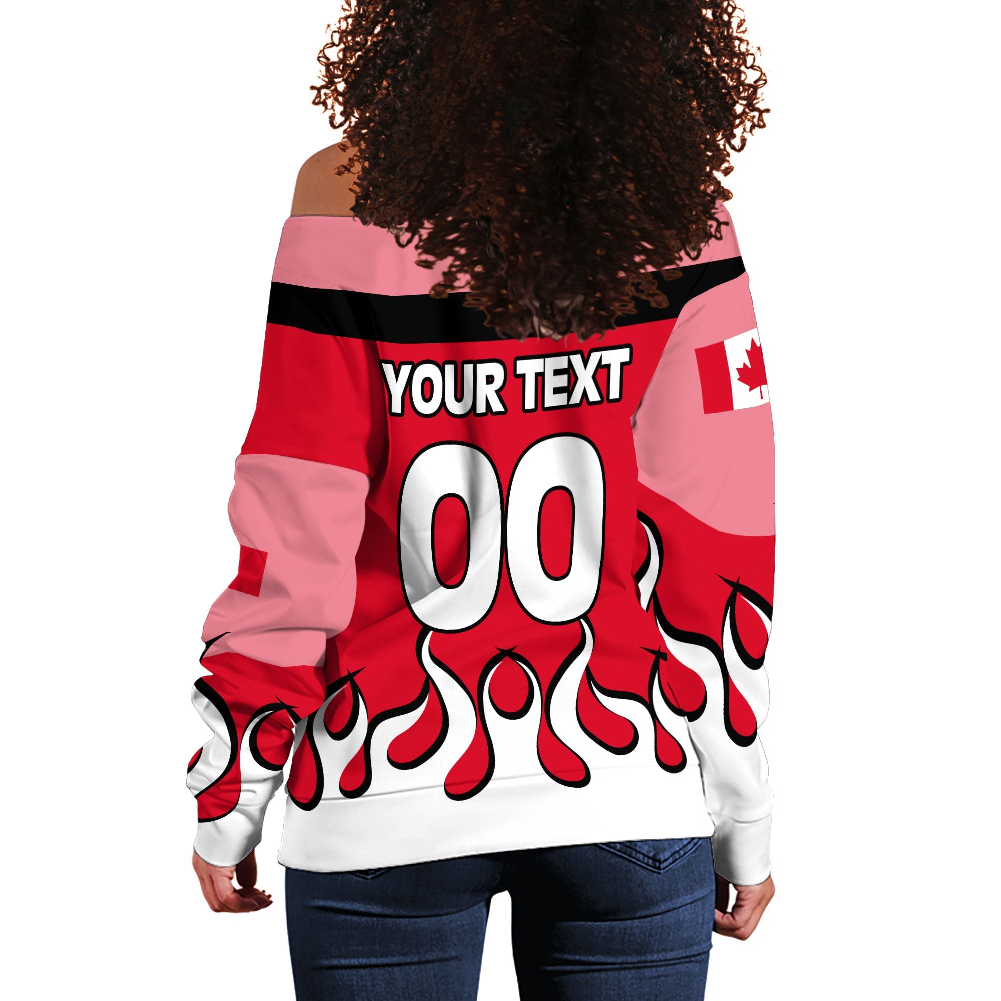 Canada Women Off Shoulder Sweatshirt Flag & Coat Of Arms Fire Hockey Style