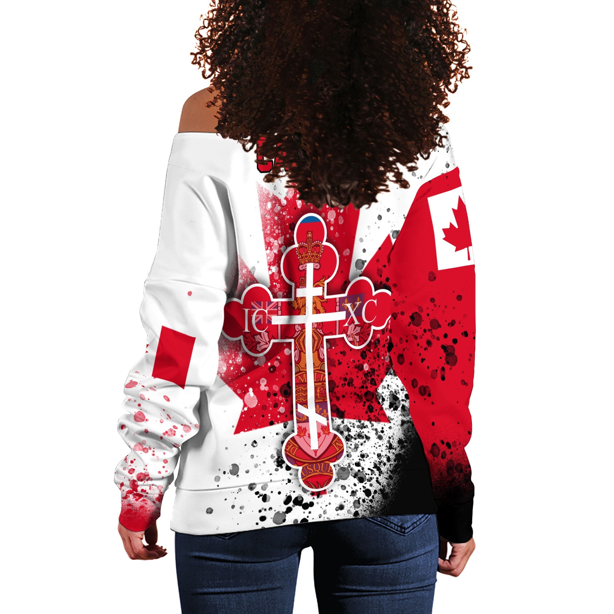 Canada Women Off Shoulder Sweatshirt Flag & Coat Of Arms Orthodox Style