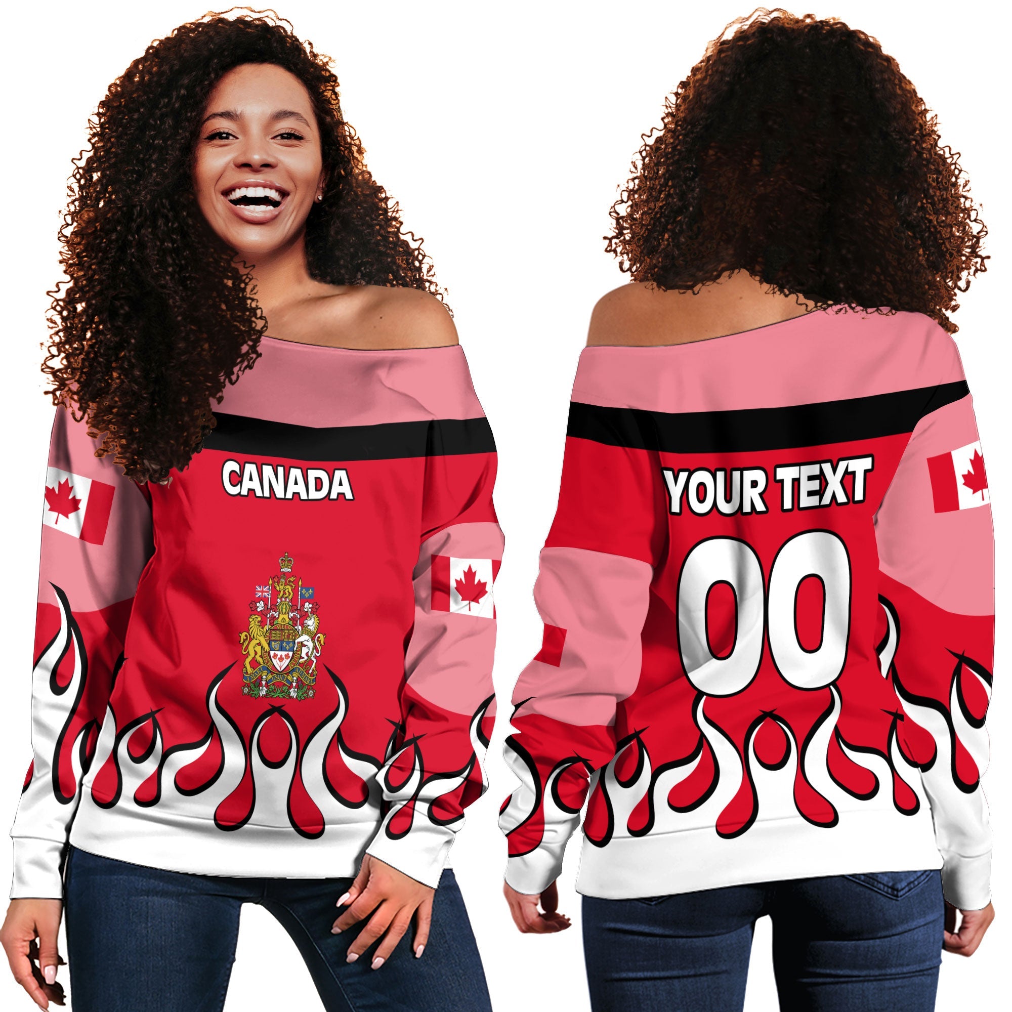 Canada Women Off Shoulder Sweatshirt Flag & Coat Of Arms Fire Hockey Style