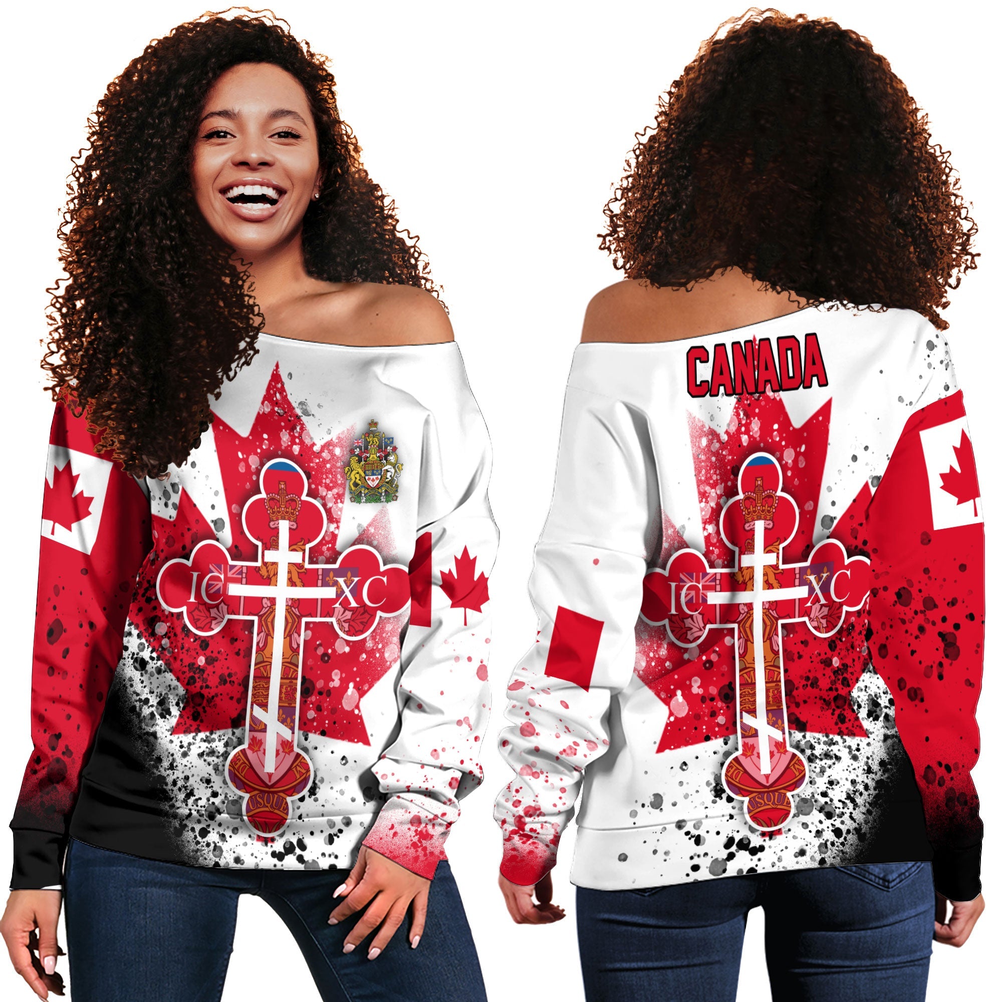 Canada Women Off Shoulder Sweatshirt Flag & Coat Of Arms Orthodox Style