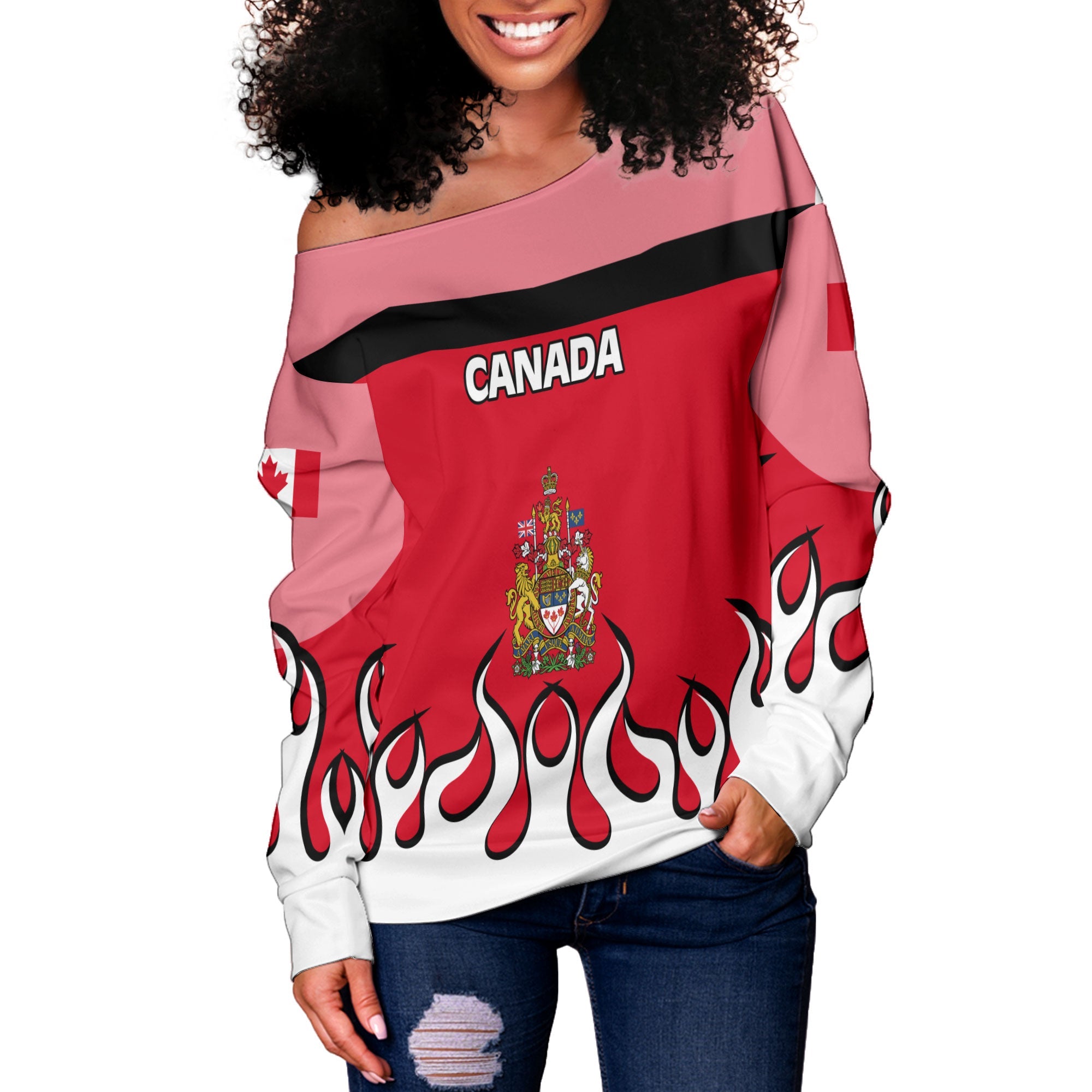 Canada Women Off Shoulder Sweatshirt Flag & Coat Of Arms Fire Hockey Style