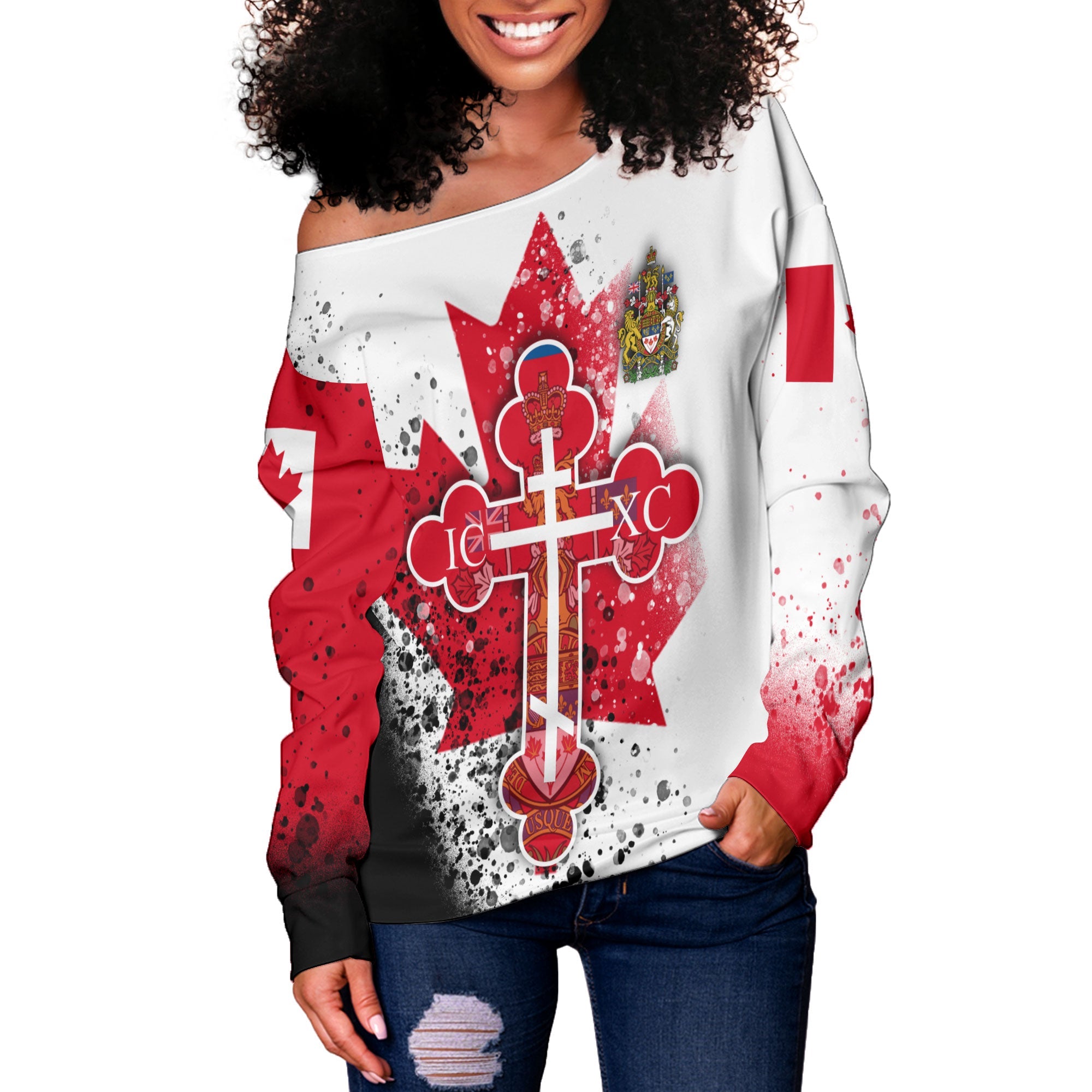 Canada Women Off Shoulder Sweatshirt Flag & Coat Of Arms Orthodox Style