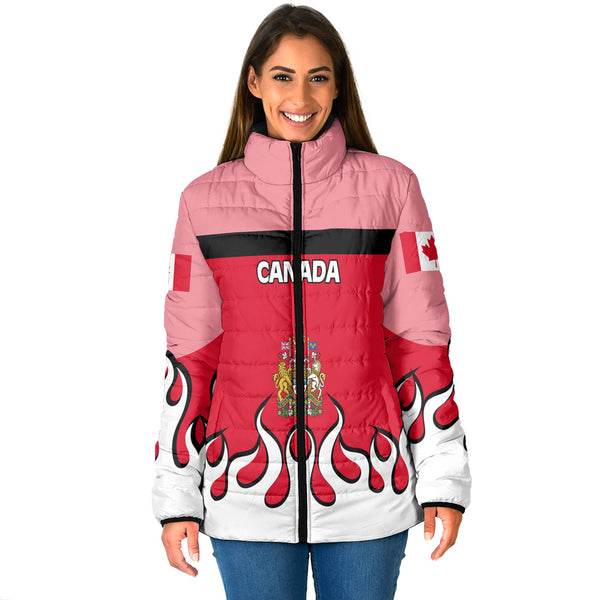 Canada Women Padded Jacket Flag & Coat Of Arms Fire Hockey Style