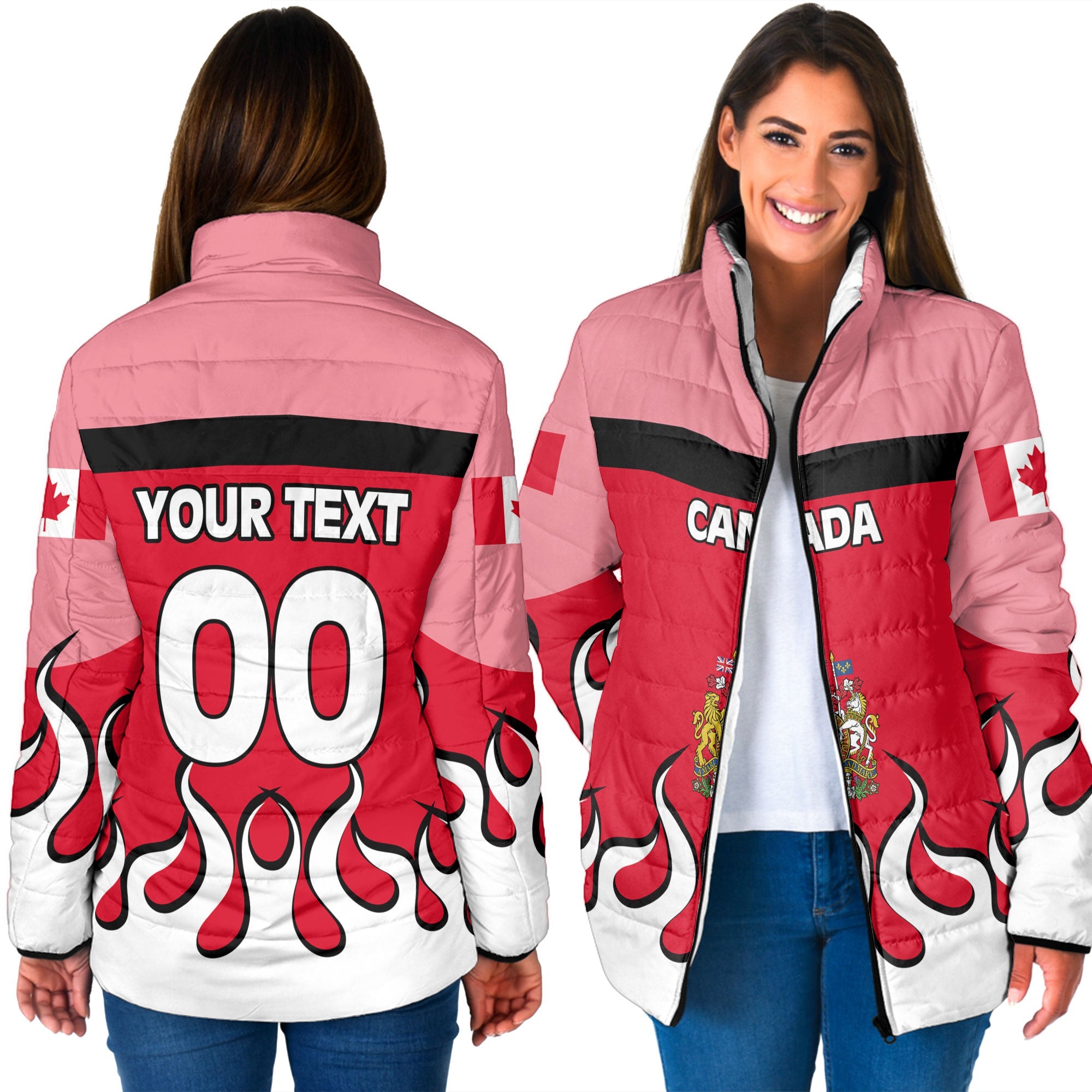 Canada Women Padded Jacket Flag & Coat Of Arms Fire Hockey Style