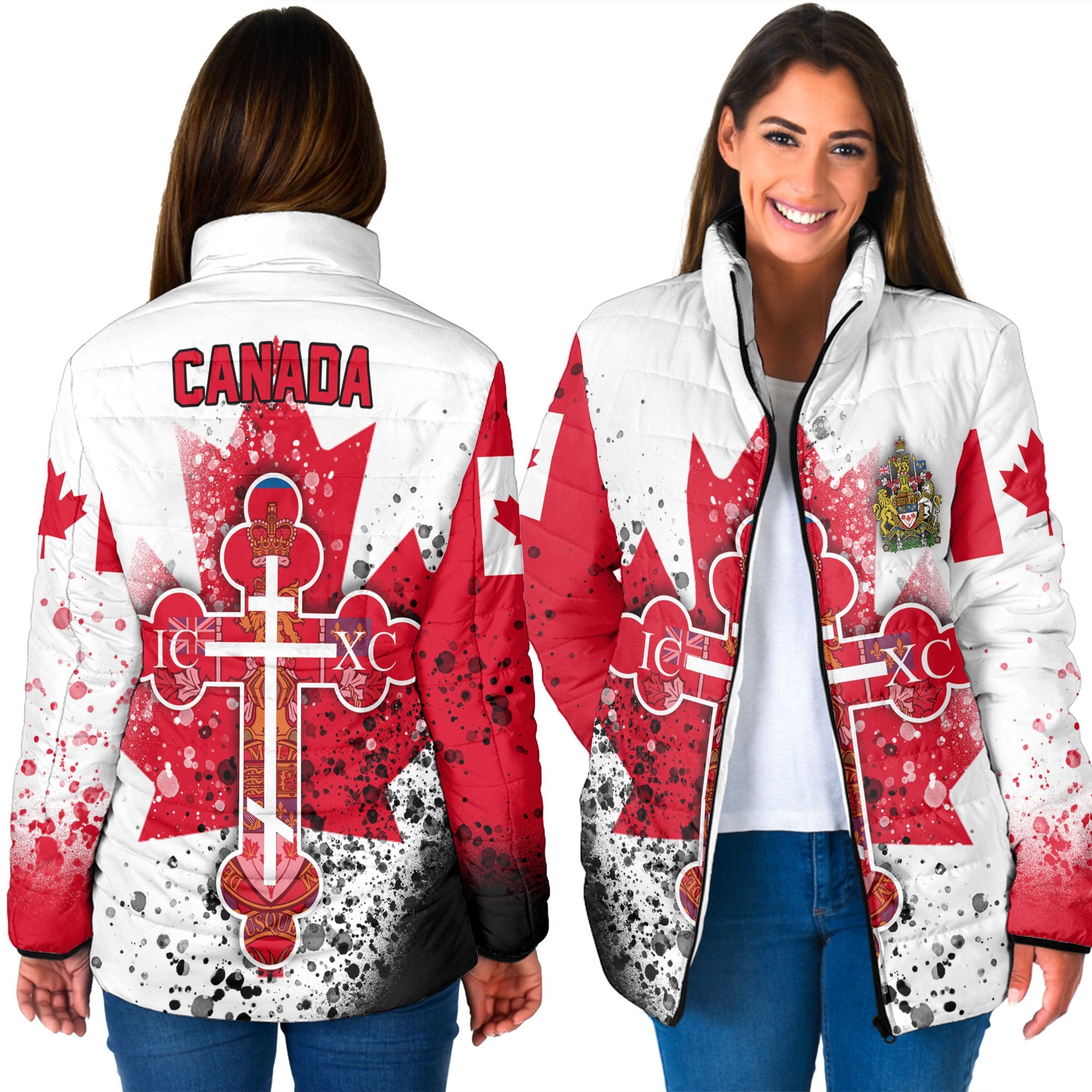 Canada Women Padded Jacket Flag & Coat Of Arms Orthodox Style