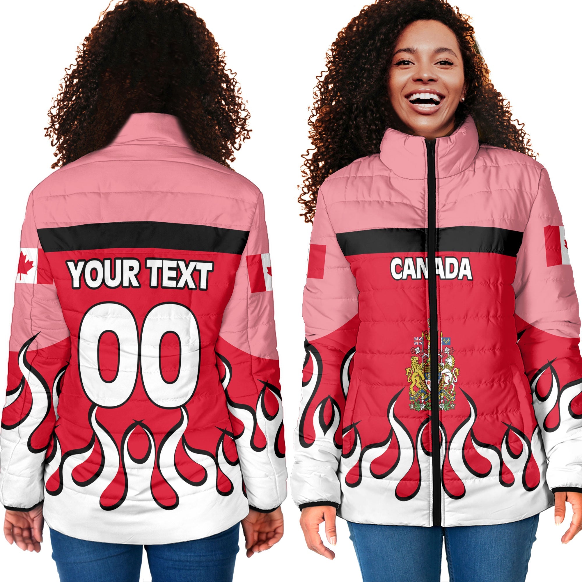 Canada Women Padded Jacket Flag & Coat Of Arms Fire Hockey Style