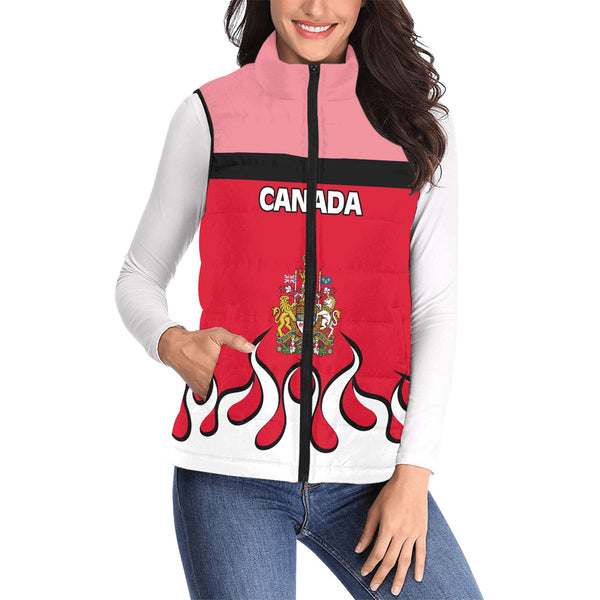 Canada Women Padded Jacket Vest Flag & Coat Of Arms Fire Hockey Style