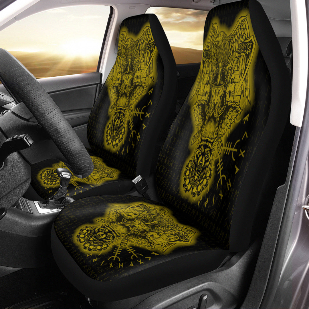 Viking Car Seat Cover Odin And Raven Wolf Gold