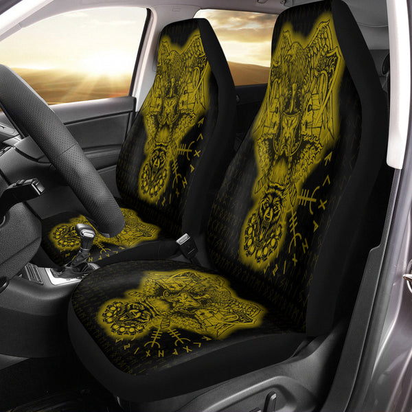 Viking Car Seat Cover Odin And Raven Wolf Gold