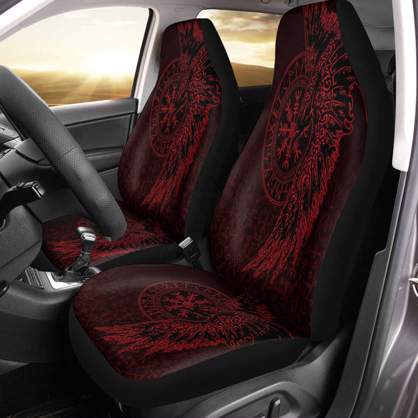 Viking Car Seat Cover Raven and Helm of Awe Red