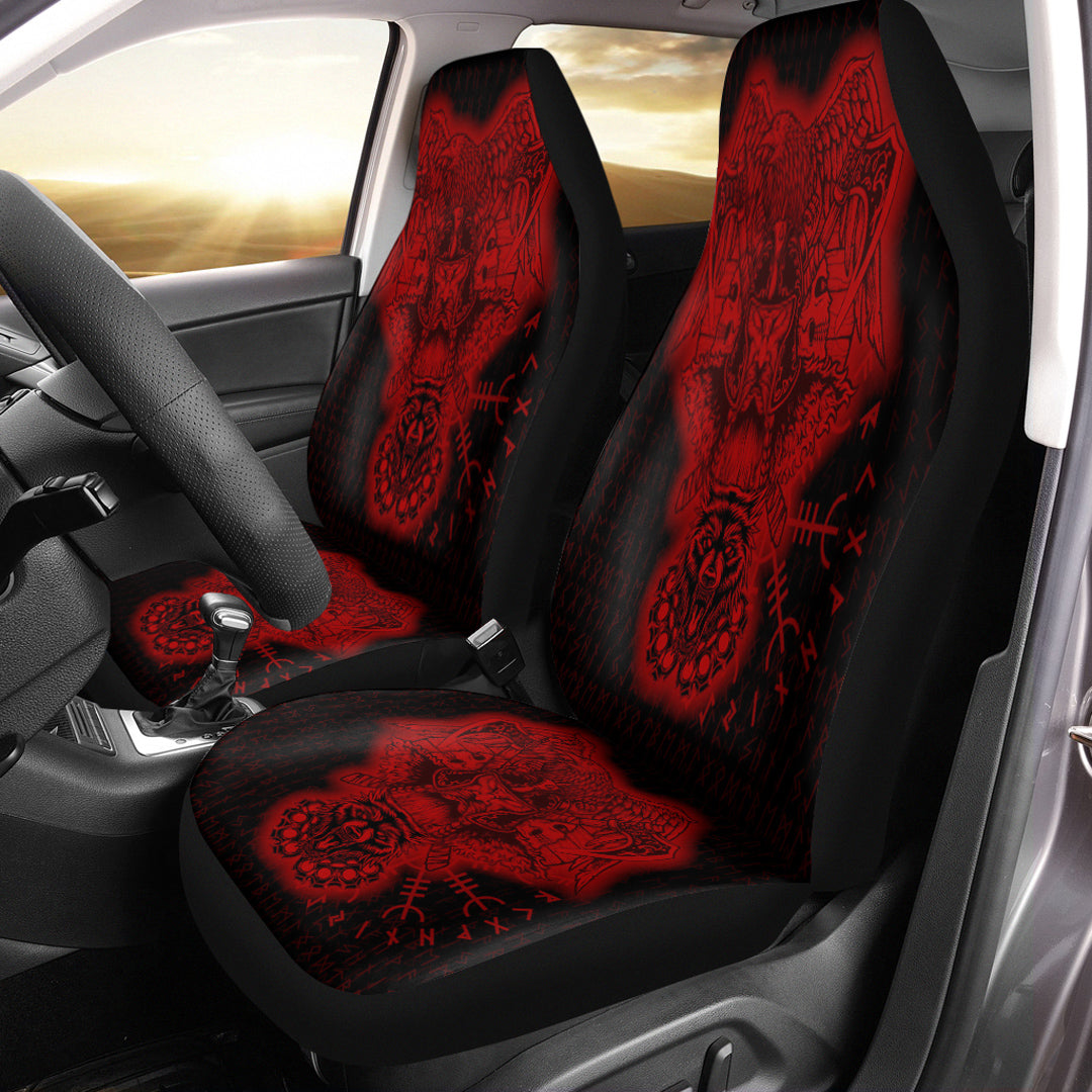 Viking Car Seat Cover Odin And Raven Wolf Red