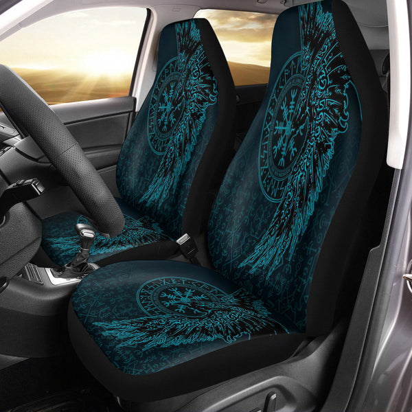 Viking Car Seat Cover Raven and Helm of Awe Cyan