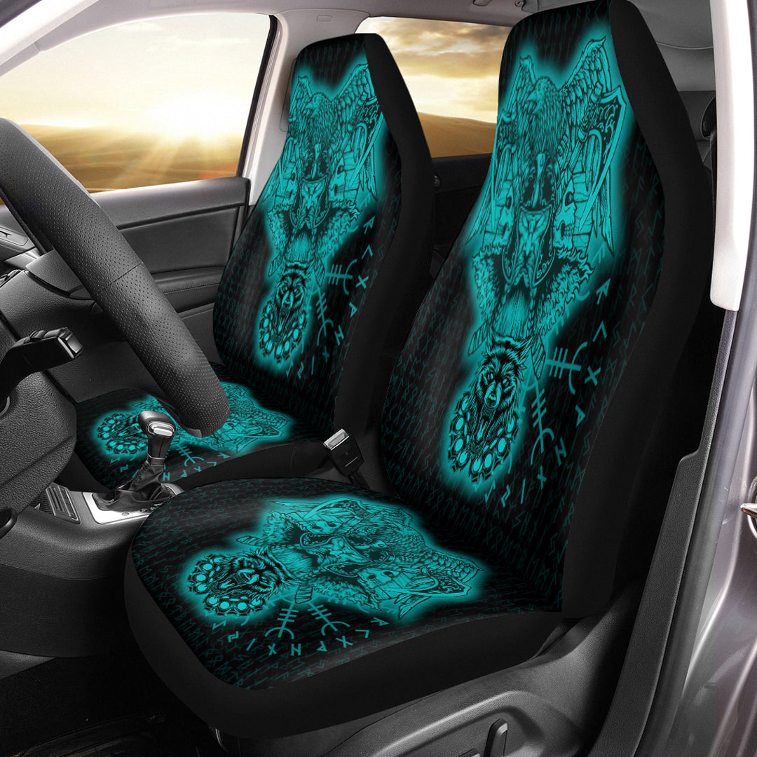 Viking Car Seat Cover Odin And Raven Wolf Turquoise