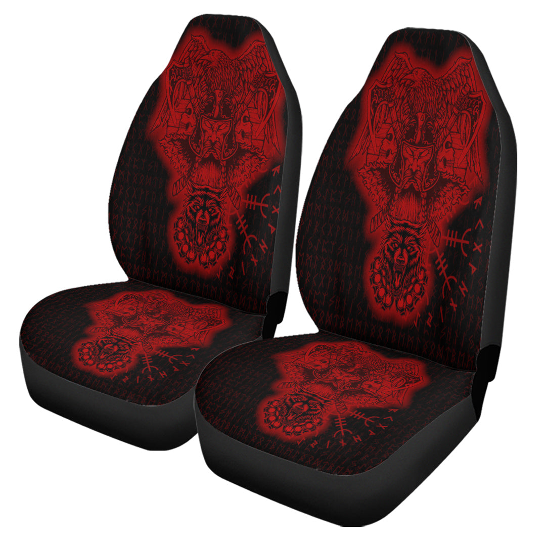 Viking Car Seat Cover Odin And Raven Wolf Red