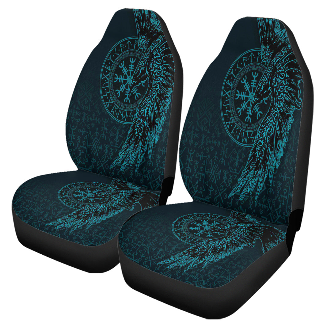 Viking Car Seat Cover Raven and Helm of Awe Cyan