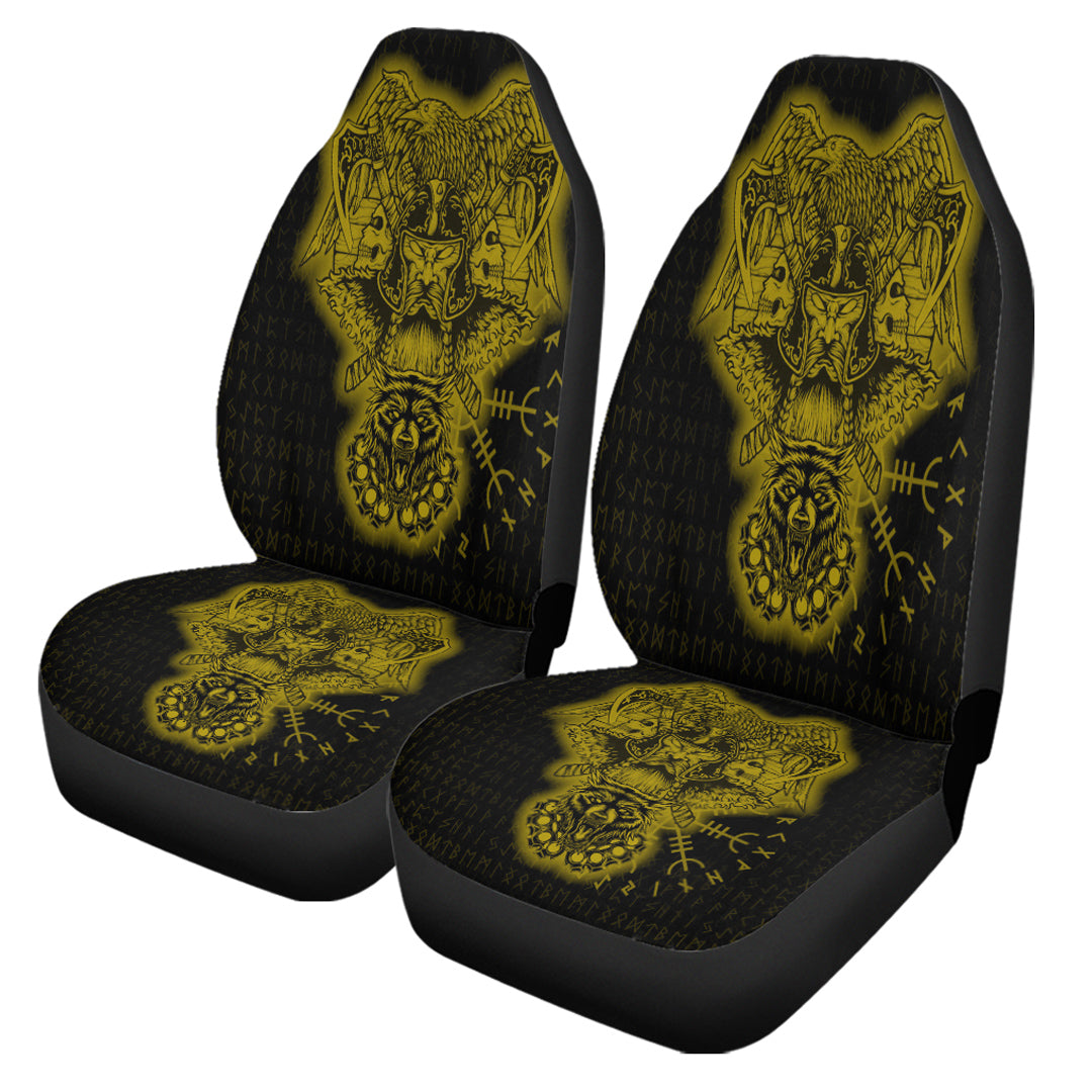 Viking Car Seat Cover Odin And Raven Wolf Gold