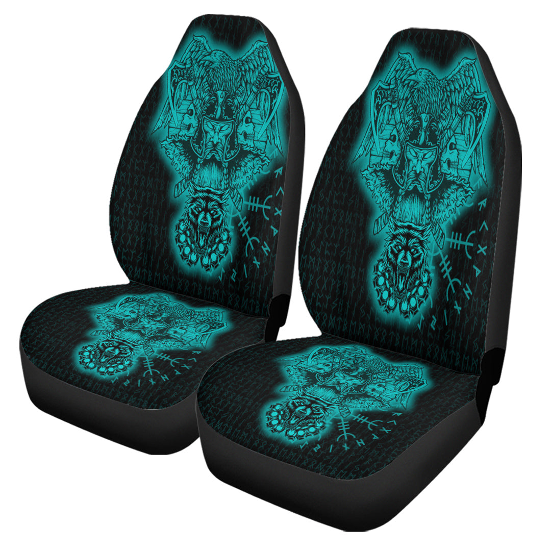 Viking Car Seat Cover Odin And Raven Wolf Turquoise