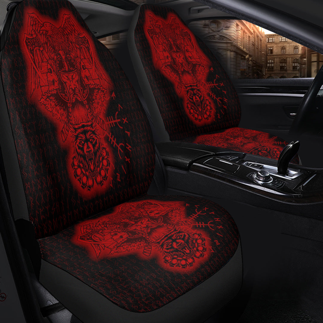 Viking Car Seat Cover Odin And Raven Wolf Red