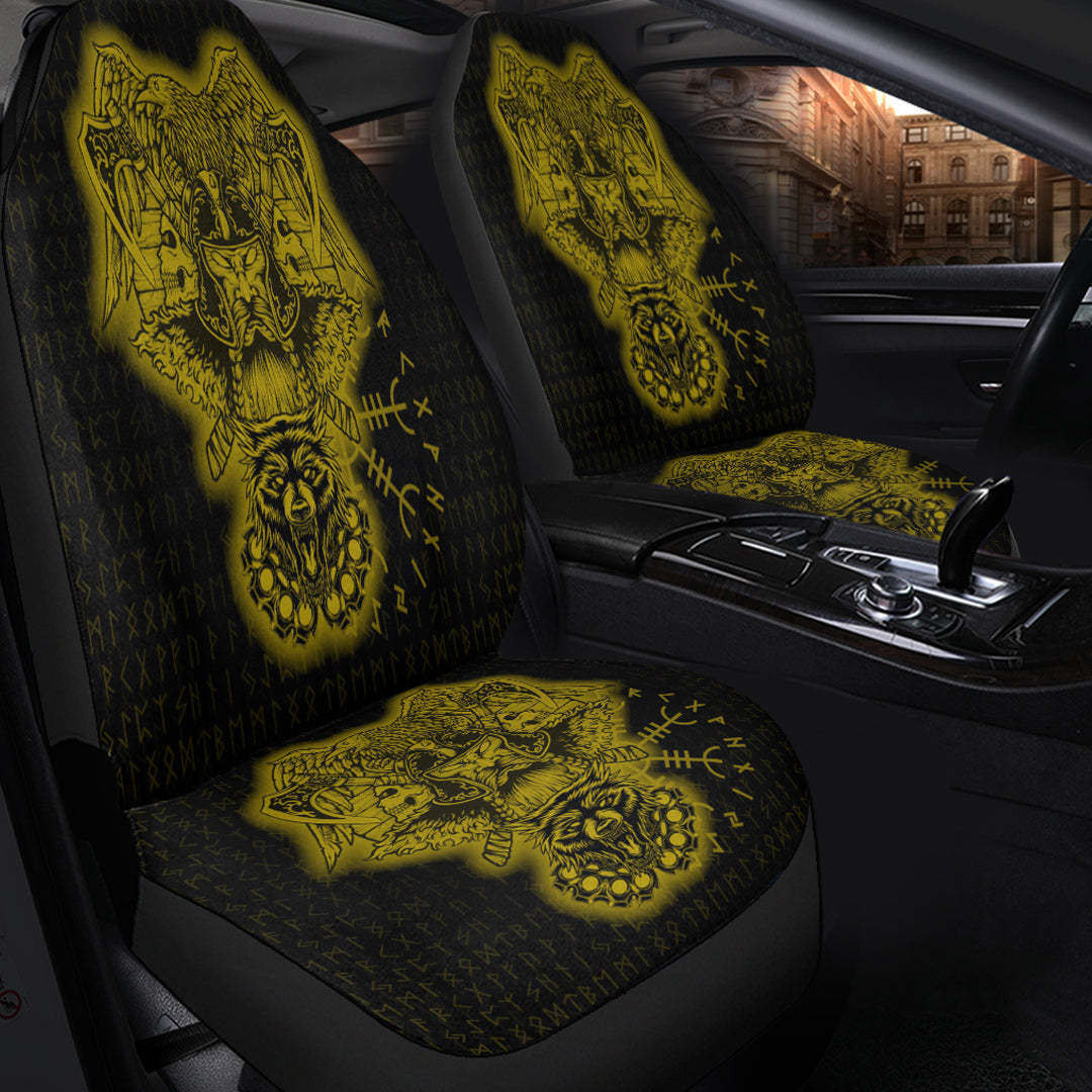 Viking Car Seat Cover Odin And Raven Wolf Gold