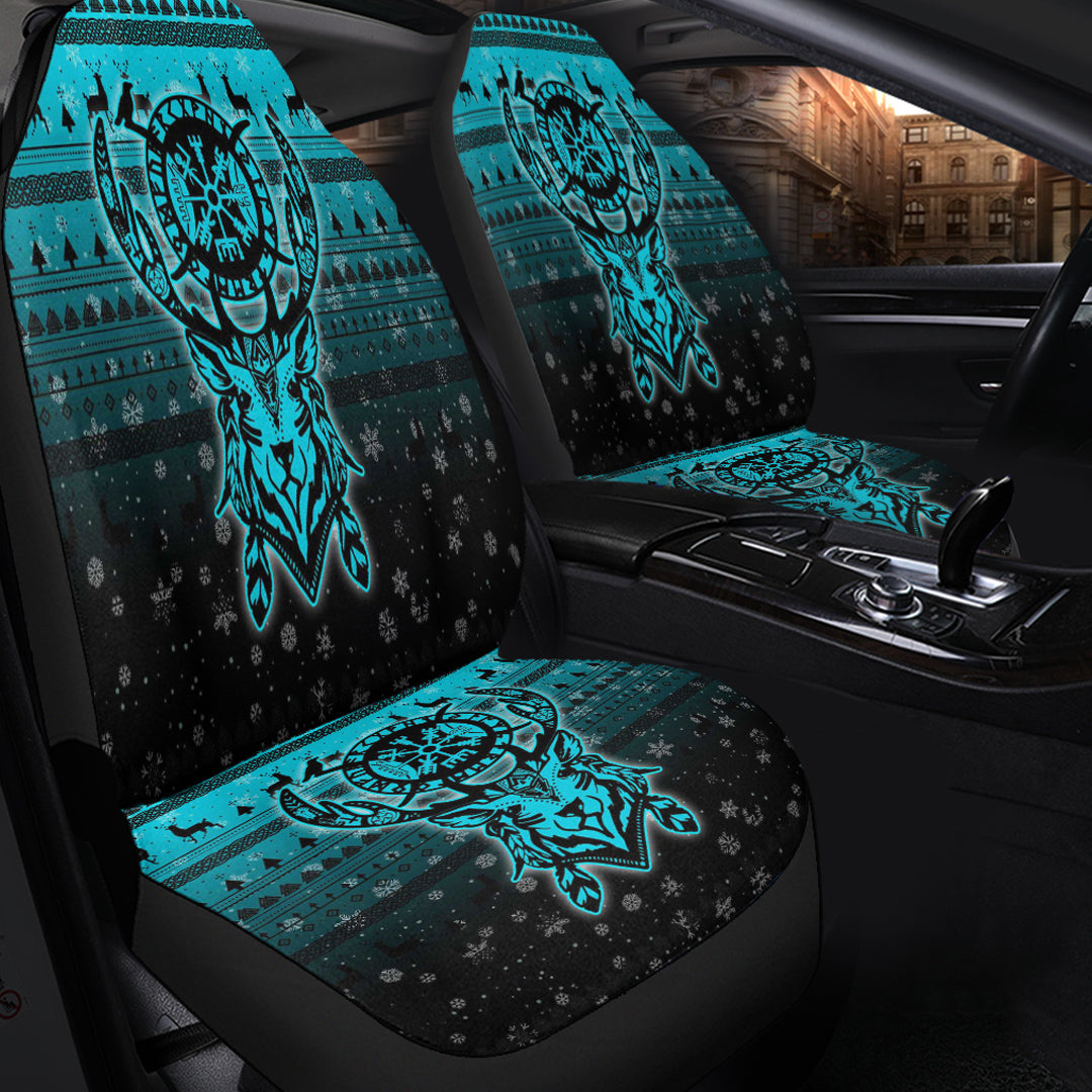 Viking Car Seat Cover Viking Reindeer Vegvisir Cyan