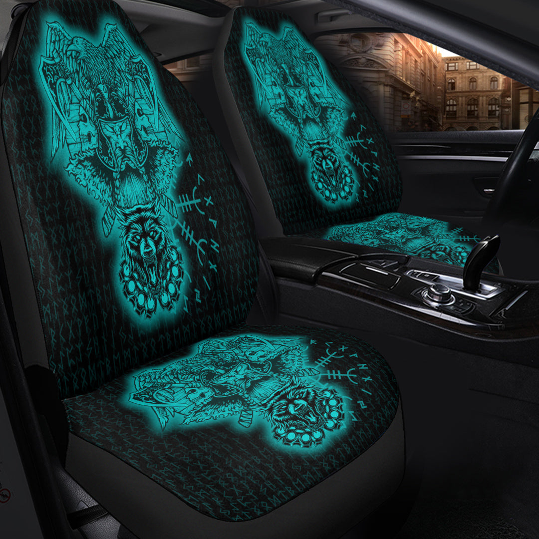 Viking Car Seat Cover Odin And Raven Wolf Turquoise