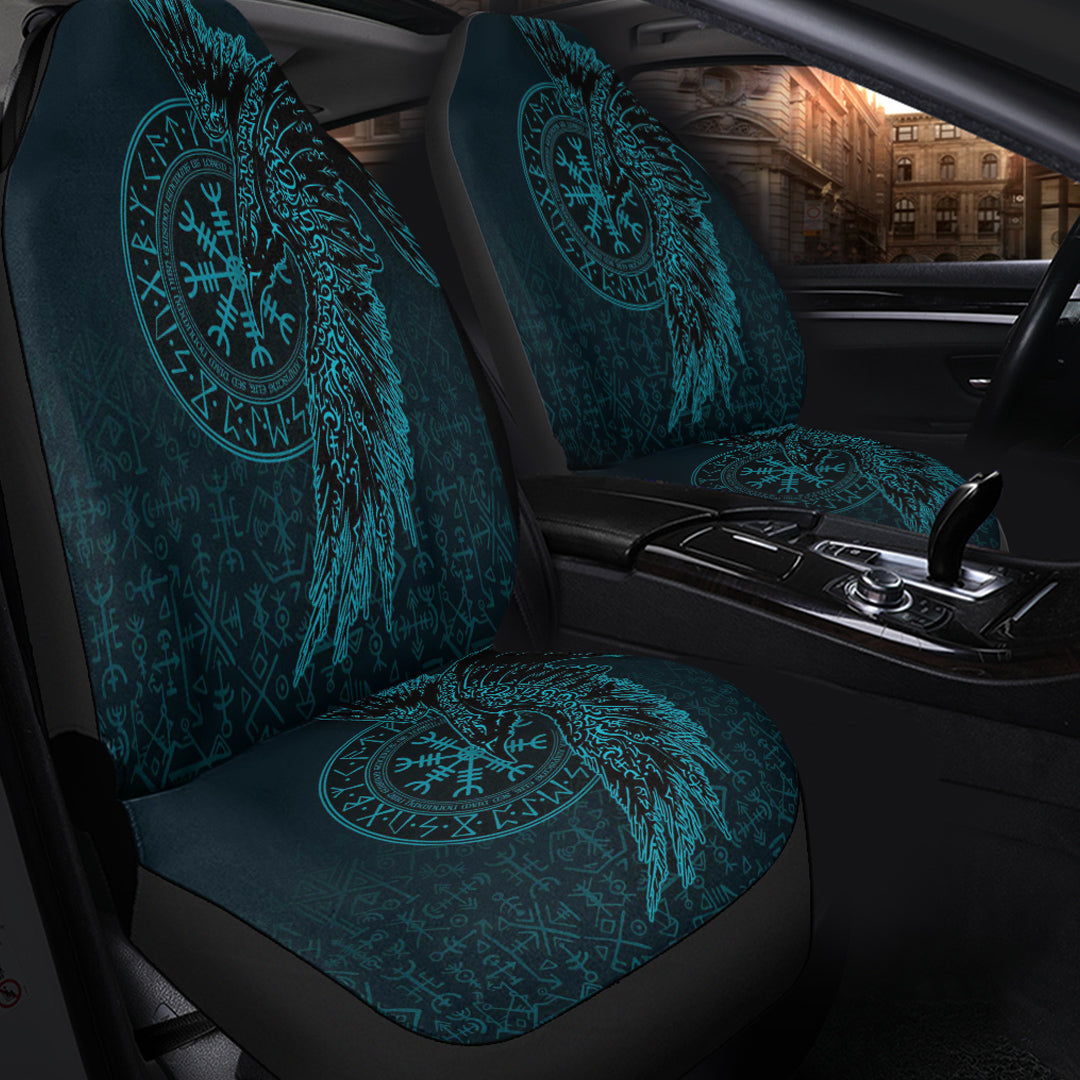 Viking Car Seat Cover Raven and Helm of Awe Cyan