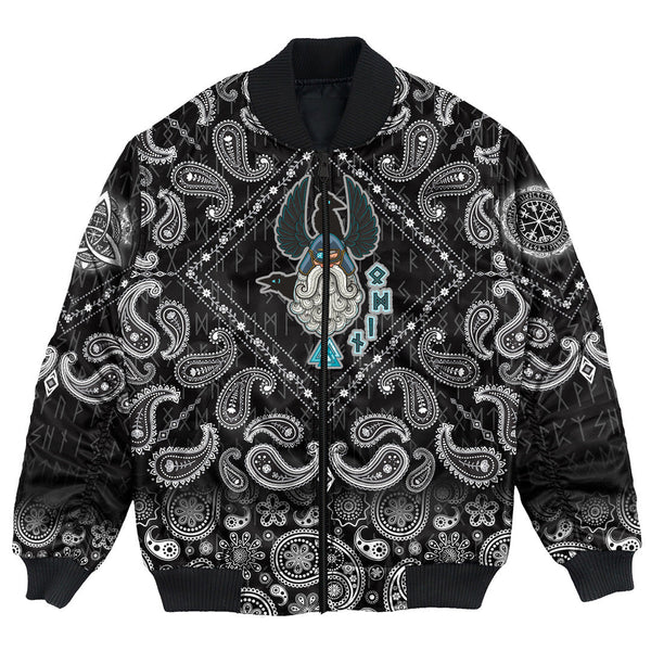 Viking Bomber Jacket Cartoon Of The Norse God Odin with Bandana Paisley Style