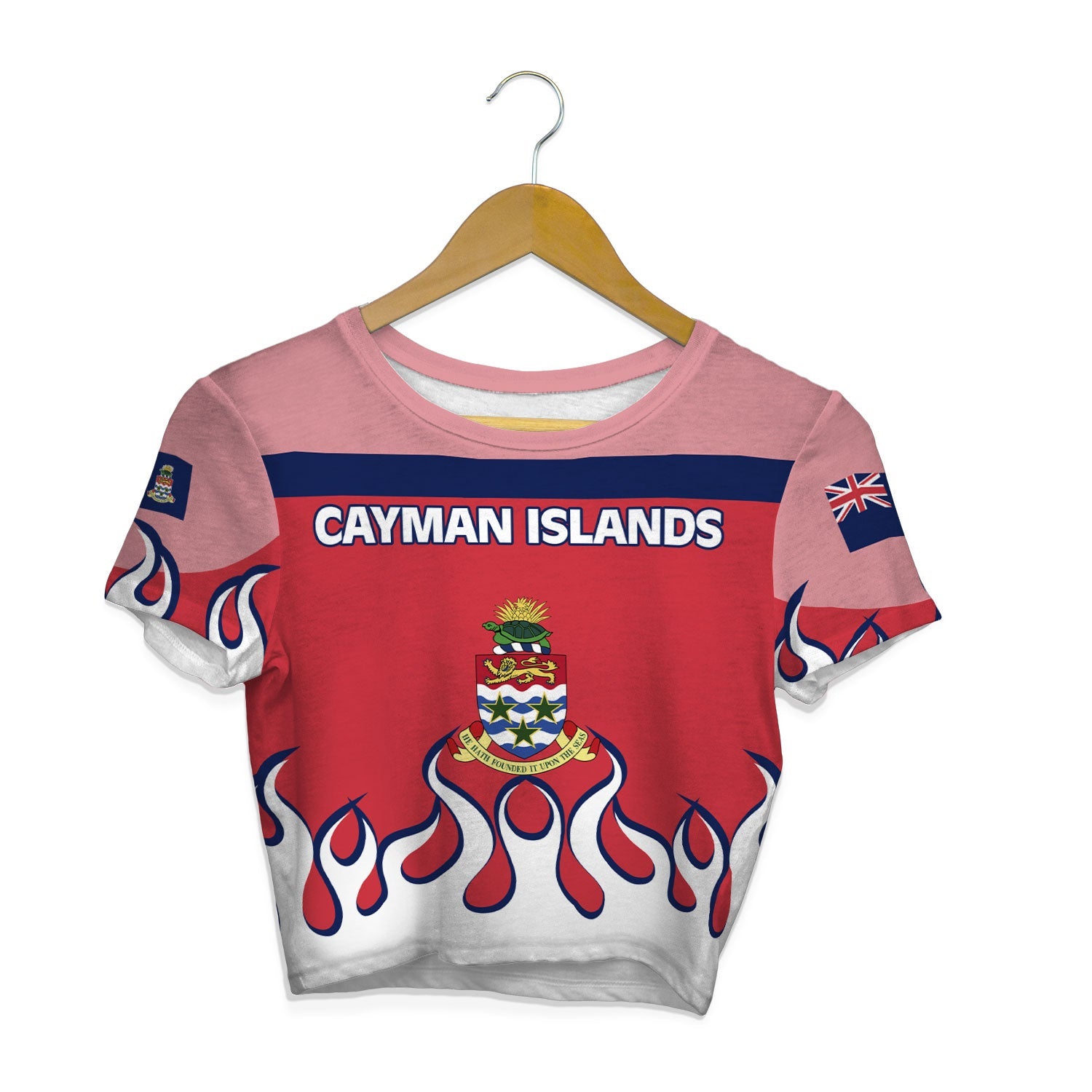 Cayman Islands Crop Top T Shirt Flag & Coat Of Arms Fire Hockey Style