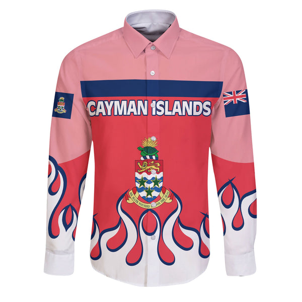 Cayman Islands Long Sleeve Button Shirt Flag & Coat Of Arms Fire Hockey Style