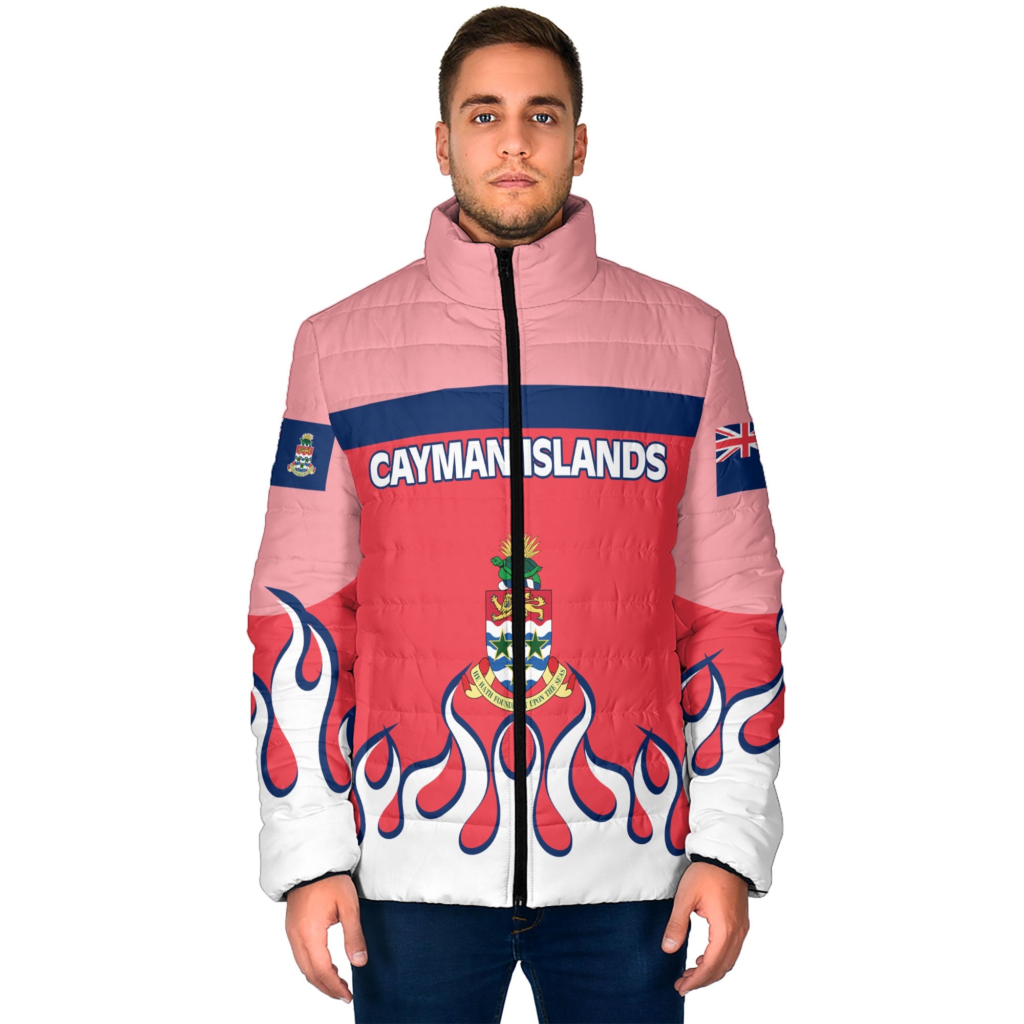 Cayman Islands Men Padded Jacket Flag & Coat Of Arms Fire Hockey Style