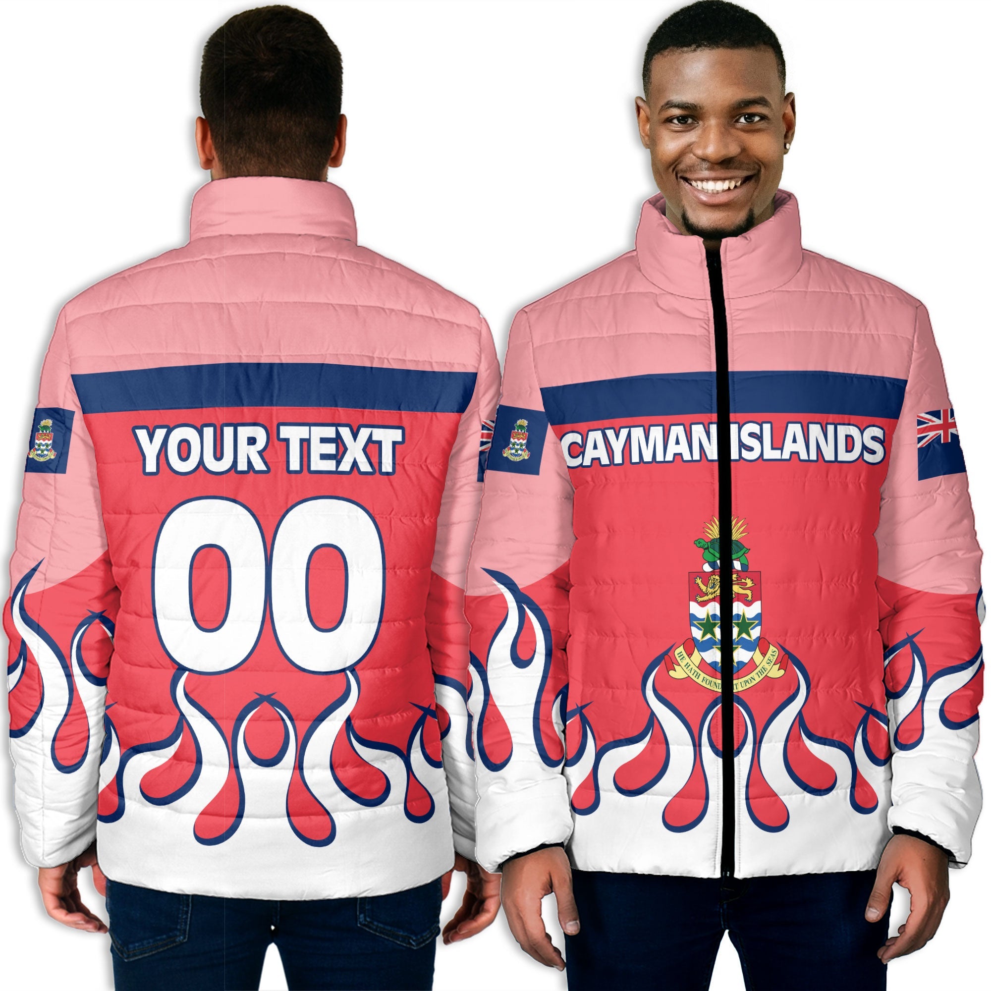 Cayman Islands Men Padded Jacket Flag & Coat Of Arms Fire Hockey Style