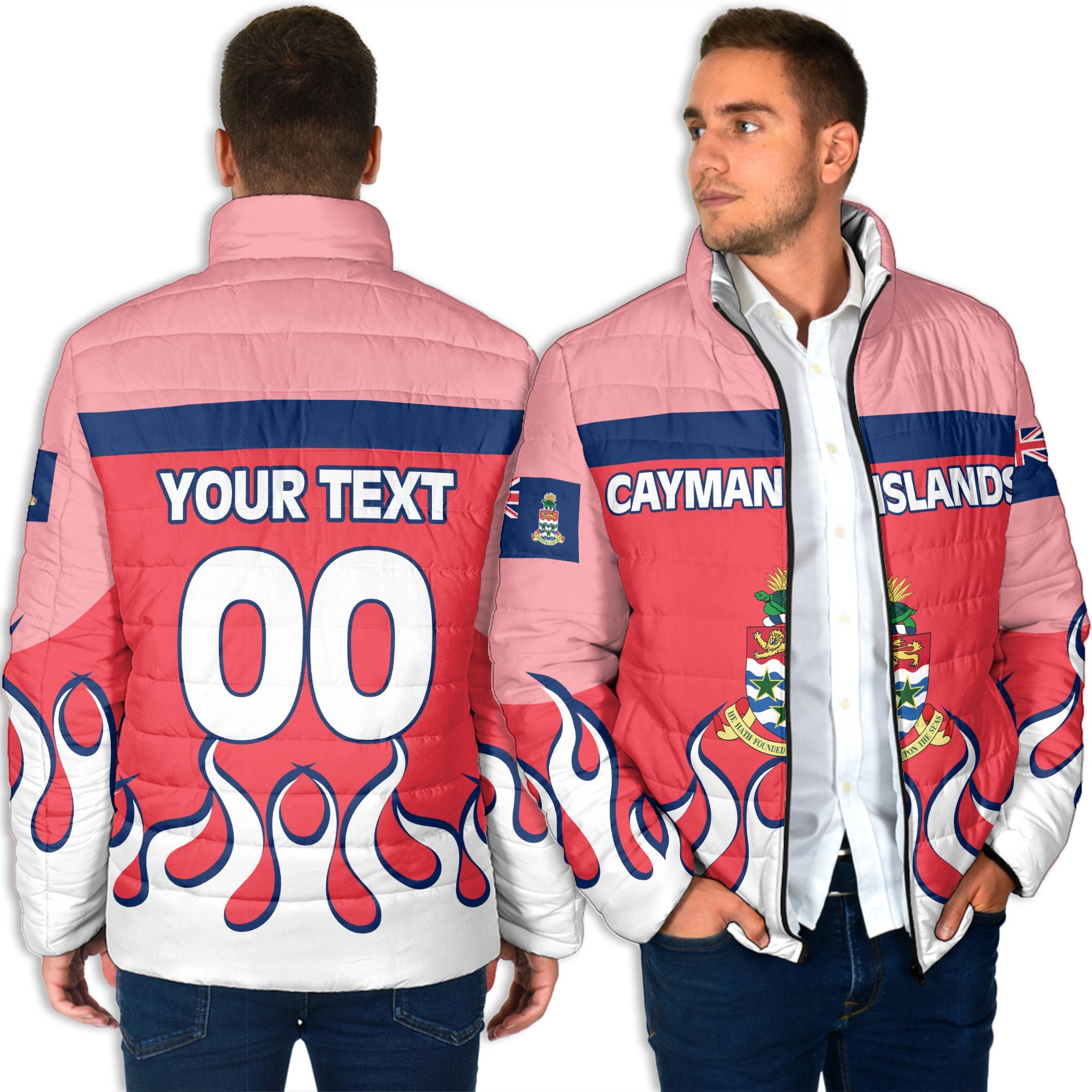 Cayman Islands Men Padded Jacket Flag & Coat Of Arms Fire Hockey Style